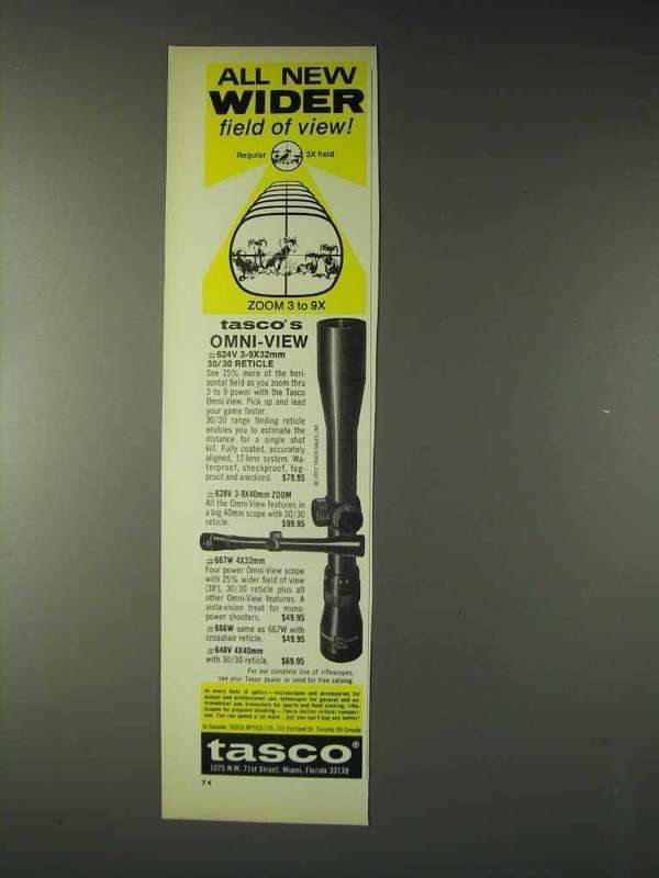 1973 Tasco #624V Scope Ad - Wider Field of View