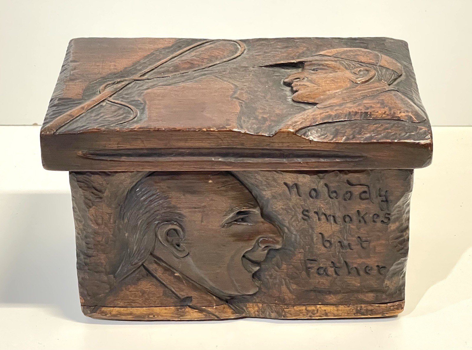 Vintage Antique Folk Art Humidor Box Sculpture Nobody Smokes But Father