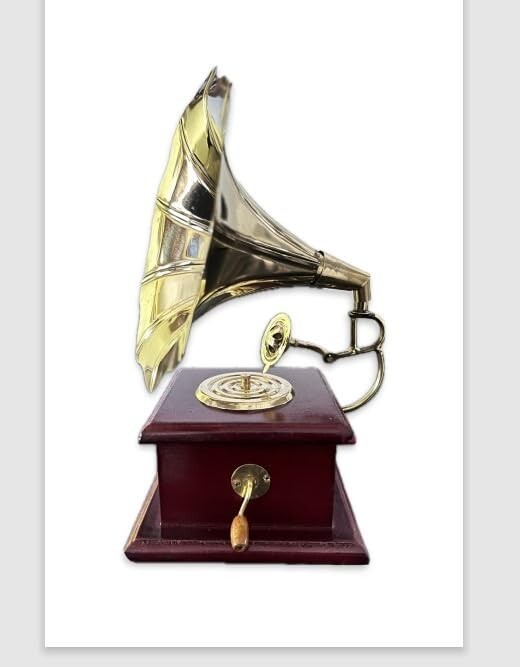 VIBHSA Vintage Gramophone Brass & Wood Nautical Collectible Showpiece VIBHSA Vintage Gramophone Brass & Wood Nautical Collectible Showpiece