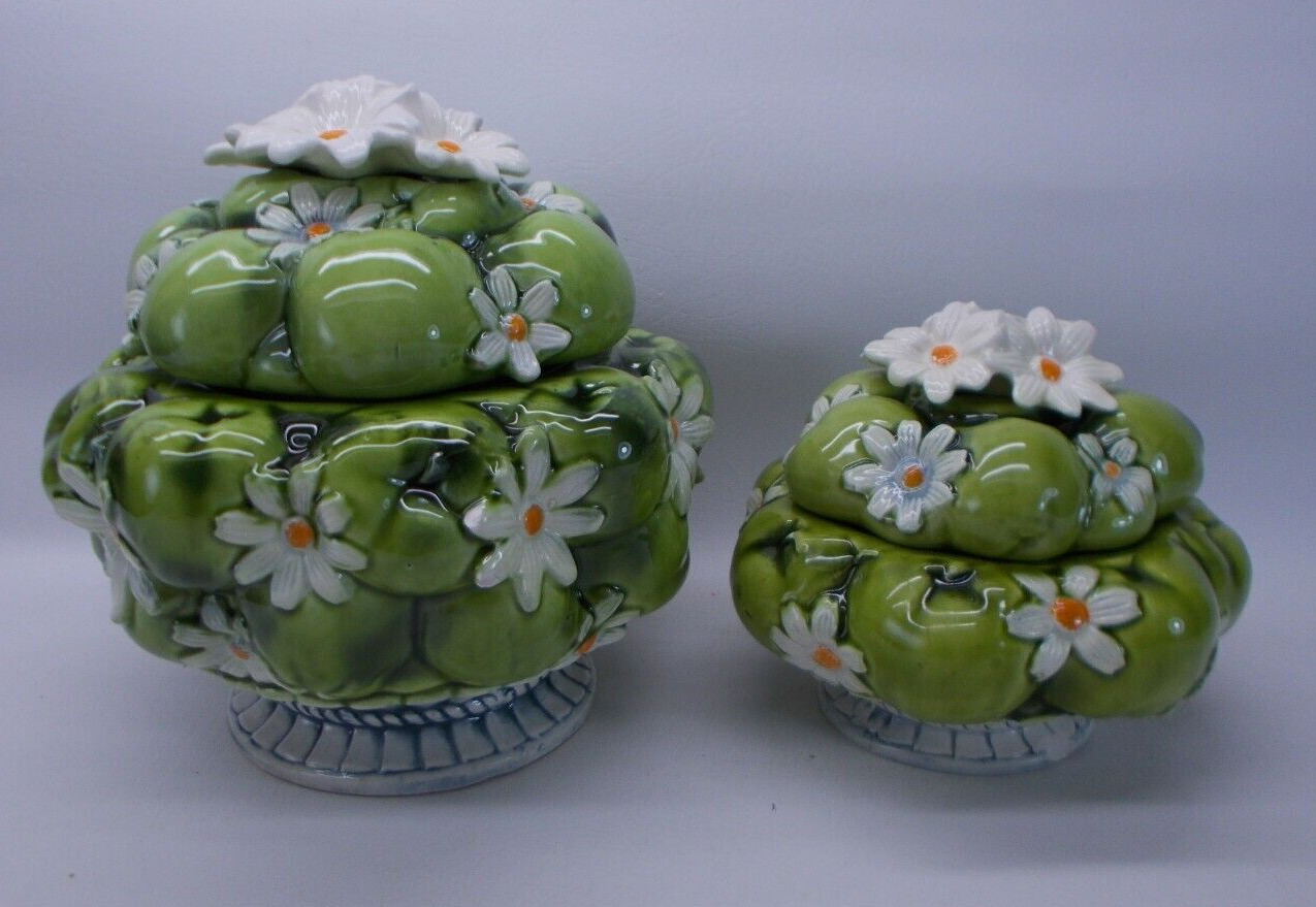 Lot of 2 Vintage 1967 Inarco Cookie Jar Canister Green Apple & Daisy E-2862 2861
