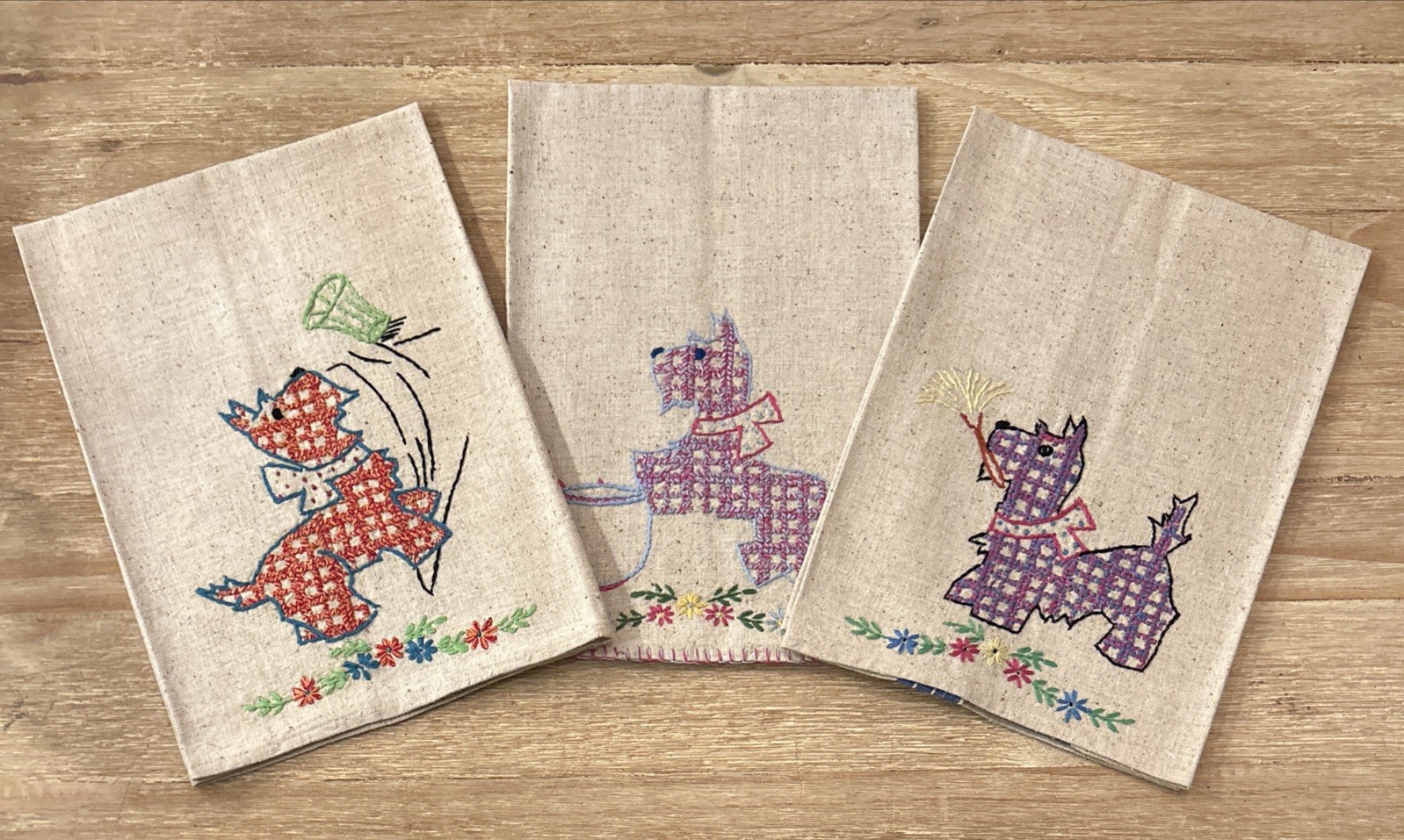 3 VTG Linen Kitchen Towels Blue Stripe Hand Embroidered Scottie Scottish Terrier 3 VTG Linen Kitchen Towels Blue Stripe Hand Embroidered Scottie Scottish Terrier