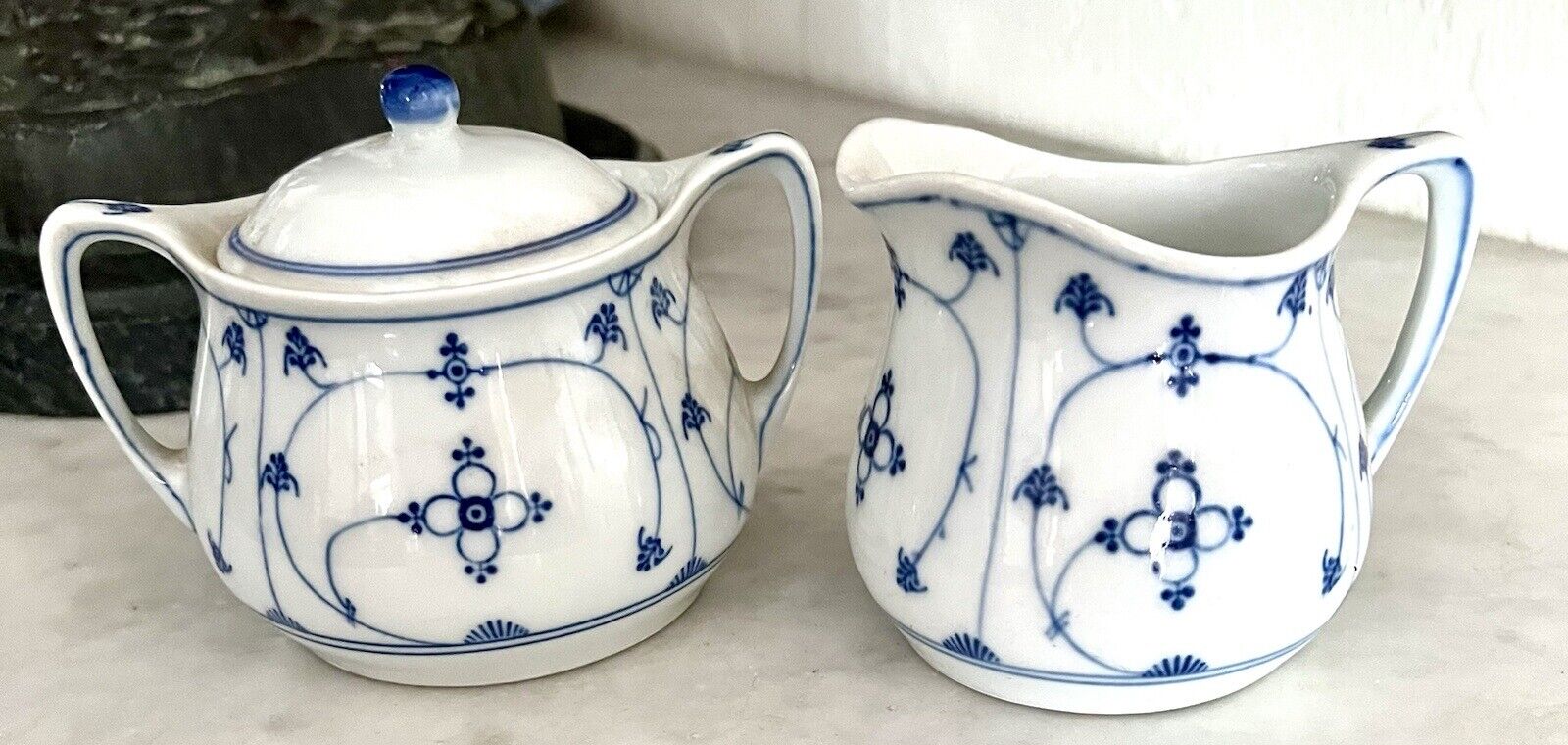 PM Bavaria Germany Blue White Creamer & Covered Sugar Bowl