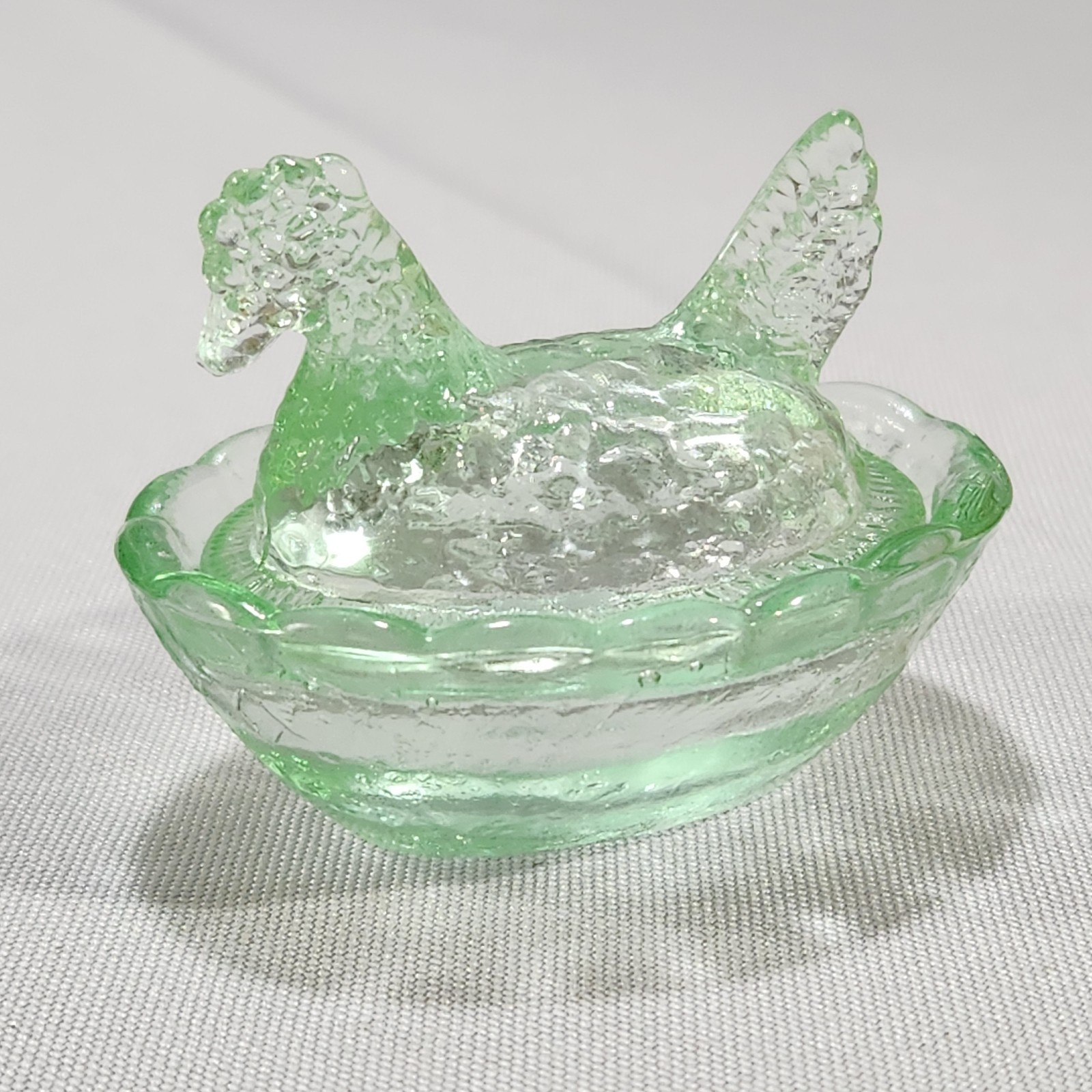 Light Green Glass Miniature Hen on Nest Salt Cellar Trinket Dish