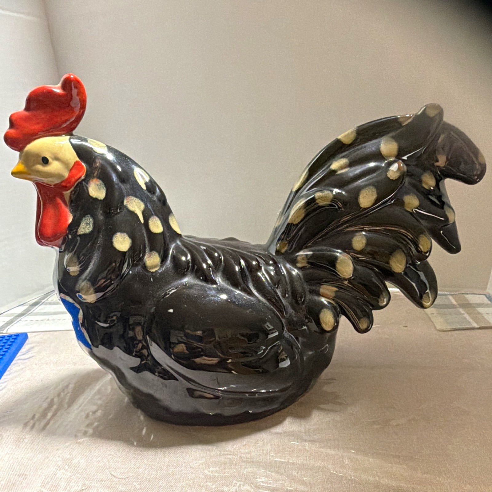 Black Polka Dot Chicken Rooster Ceramic Figurine Statue Decor
