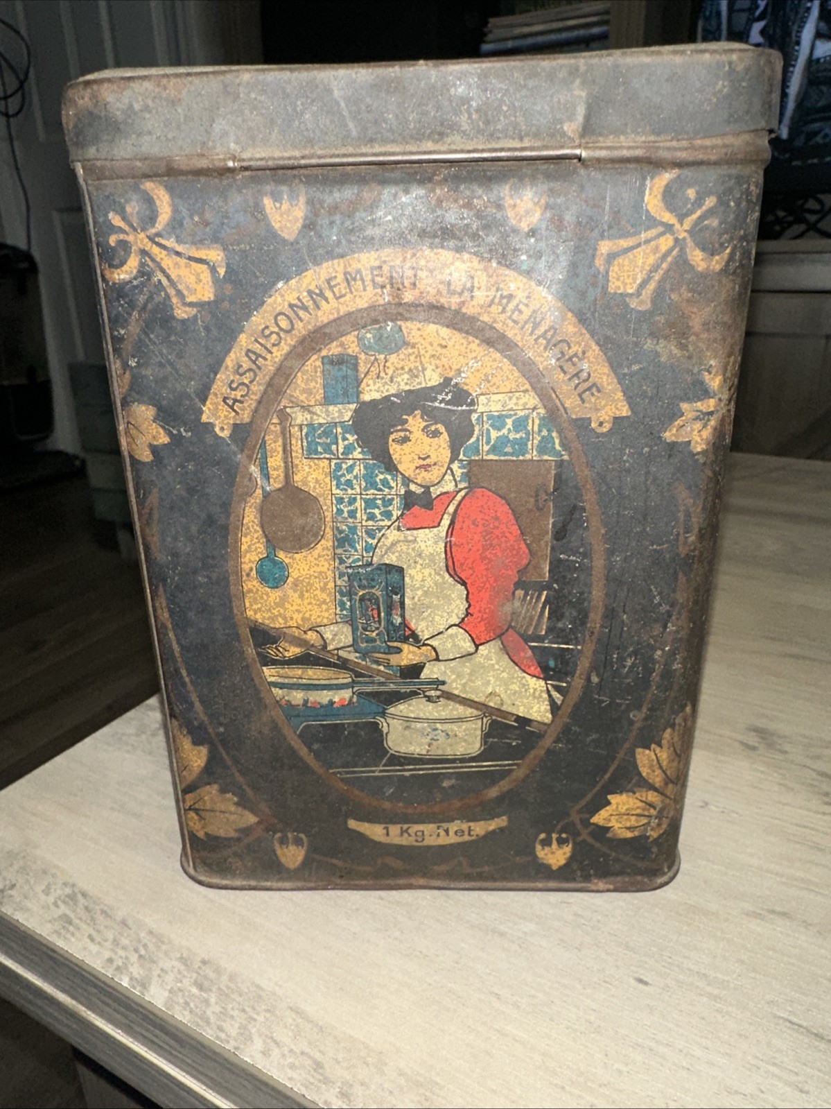 Vintage French Tin Storage Container With Lid 1890’s Rare Victorian Era
