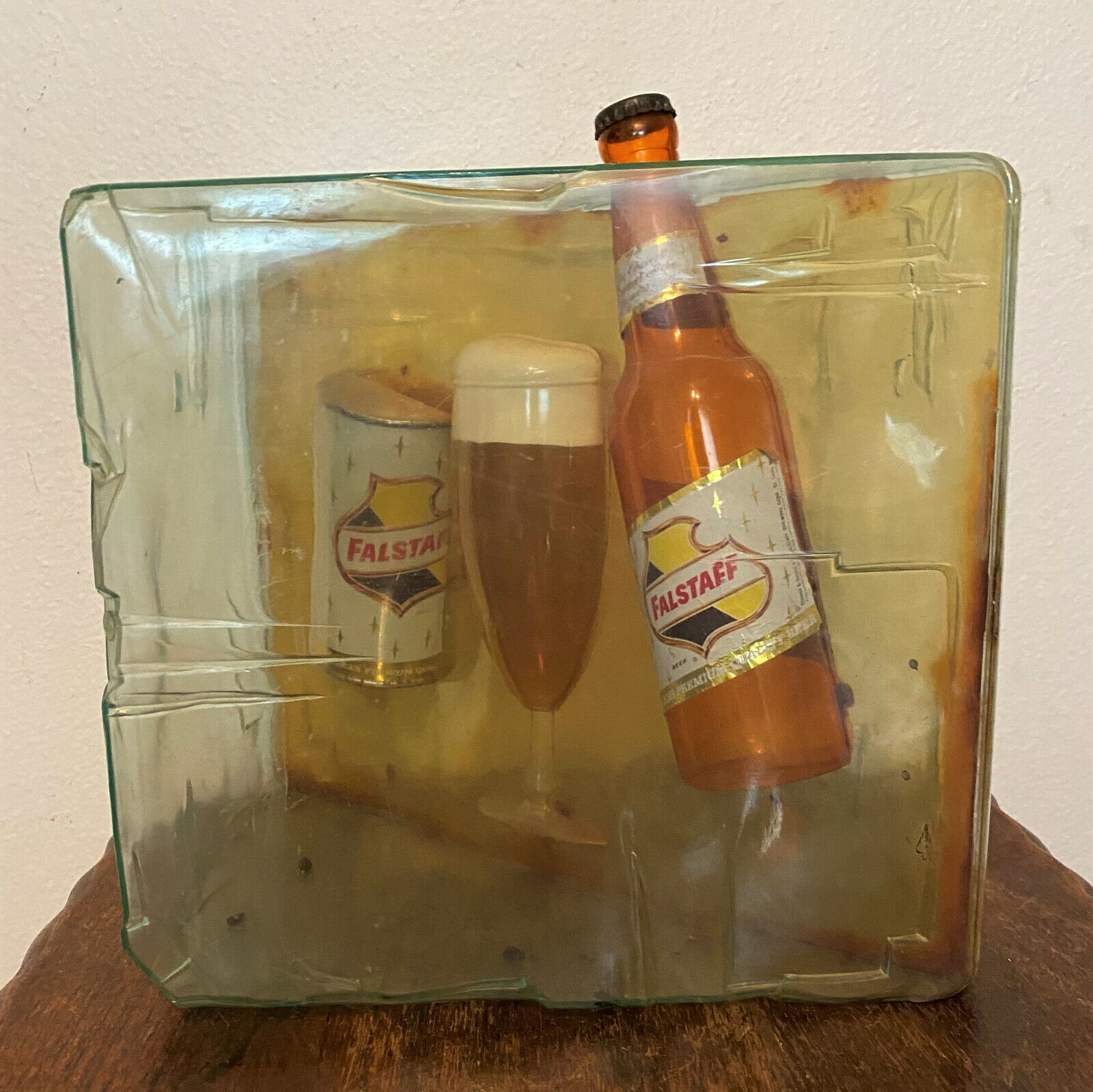 Vintage 50s Falstaff Beer in Plastic Acrylic Ice Cube - Man Cave, Bar Decor, Ad