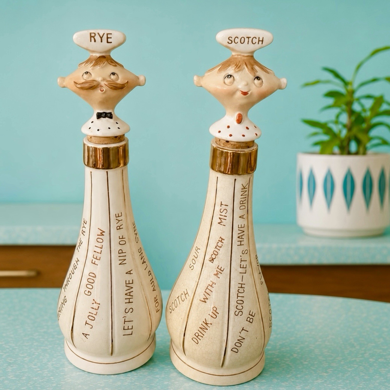 Rare Vintage Holt Howard Pixieware Scotch & Rye Decanter Set MCM Barware Japan 