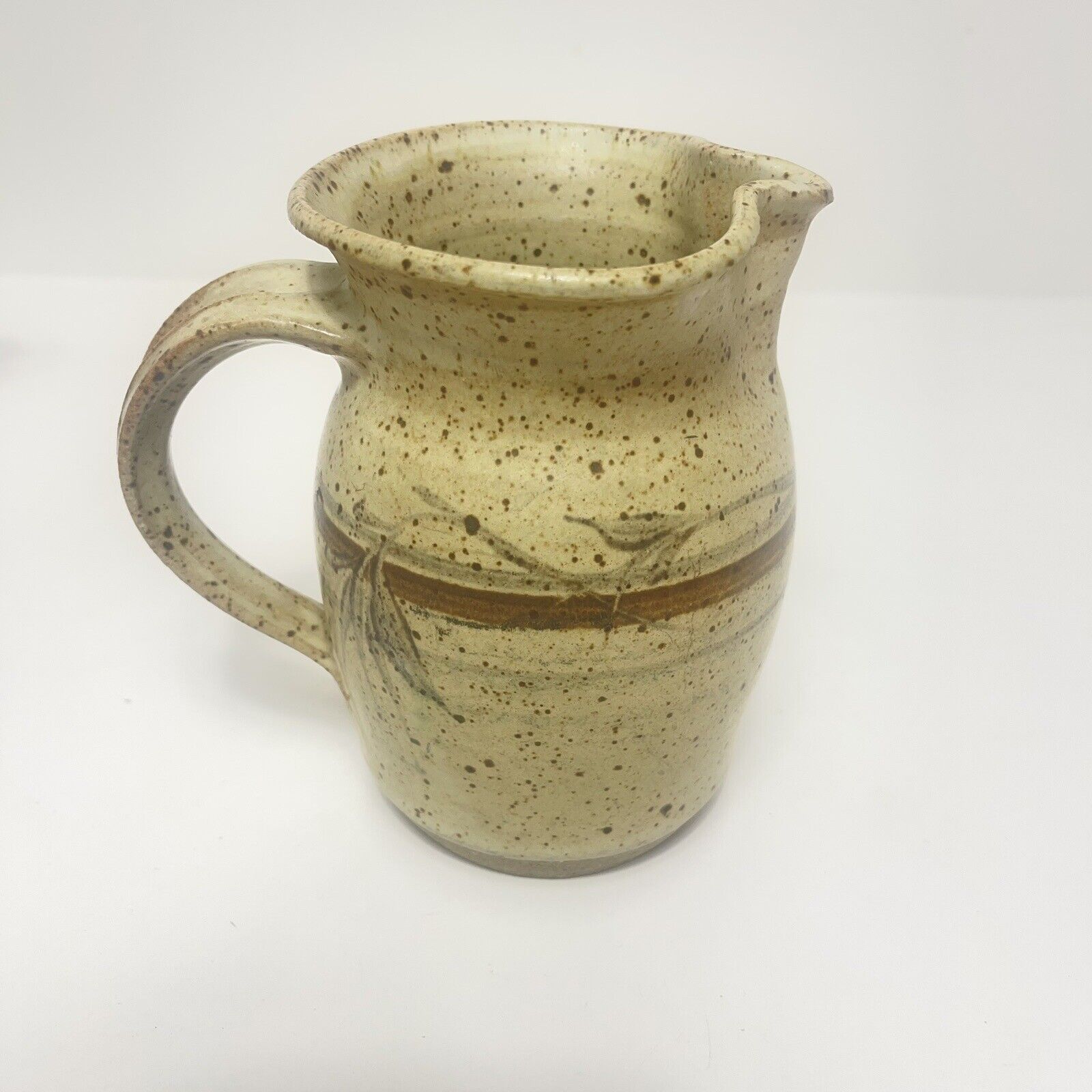 Handmade Signed Speckled Flowers Stoneware Art Pottery Pitcher Flower Vase 5.5”