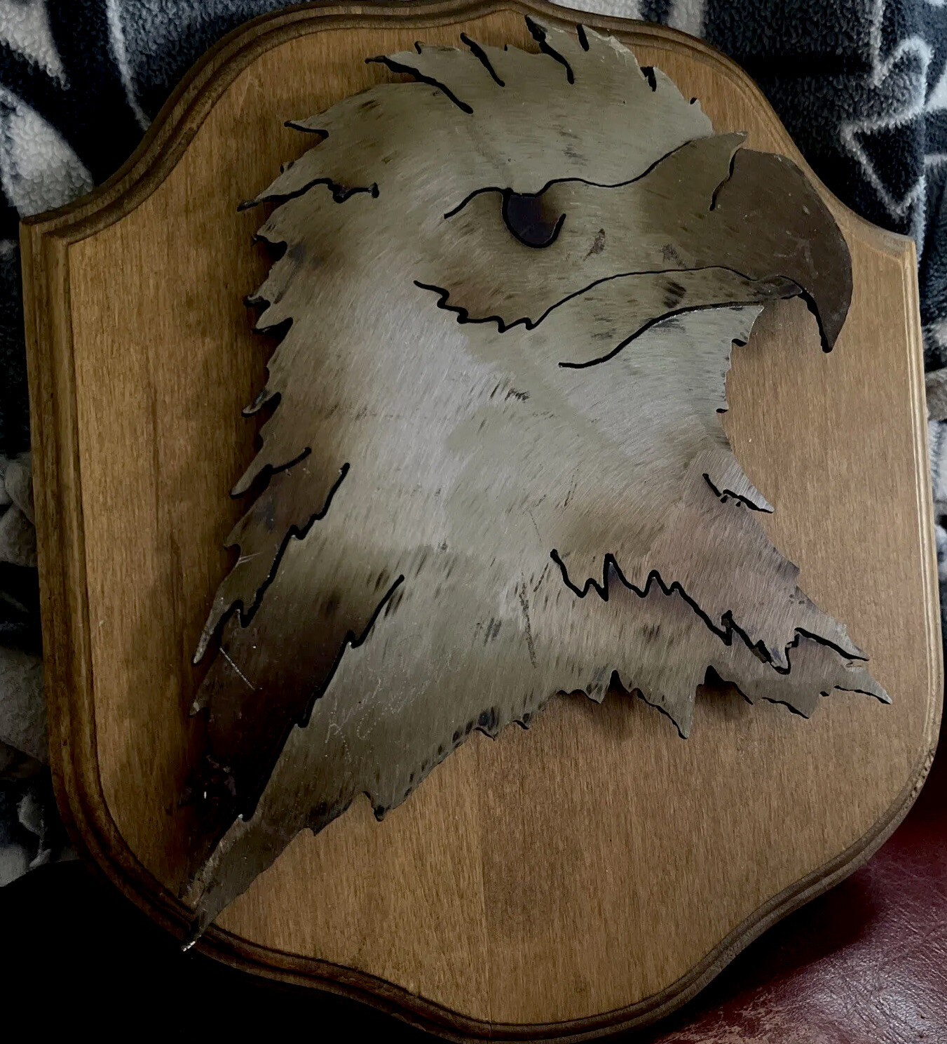 Vintage 3D Eagle Head Metal On Wood Wall Plaque Signed