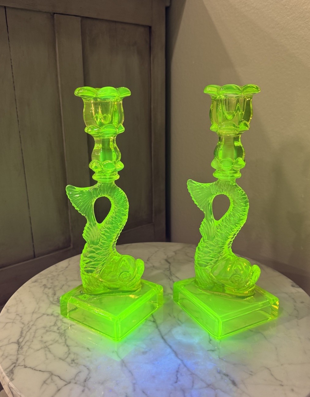 VINTAGE PAIR MMA Imperial Vaseline Uranium 10” Chinese KOI/Dolphin Candlesticks
