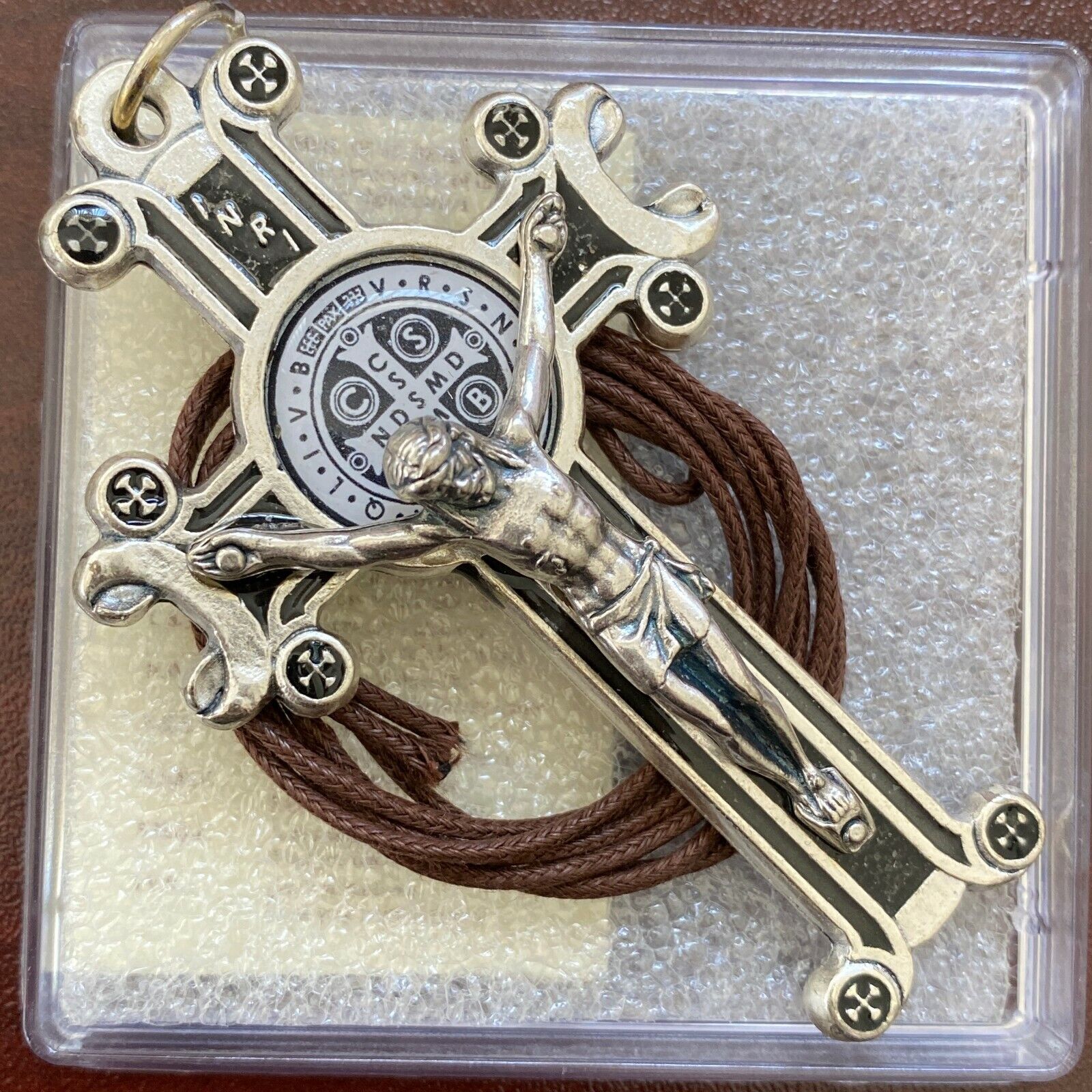 Big 3 inch St Benedict Crucifix Pendant Silver BLACK Enamel Cross Charm Necklace