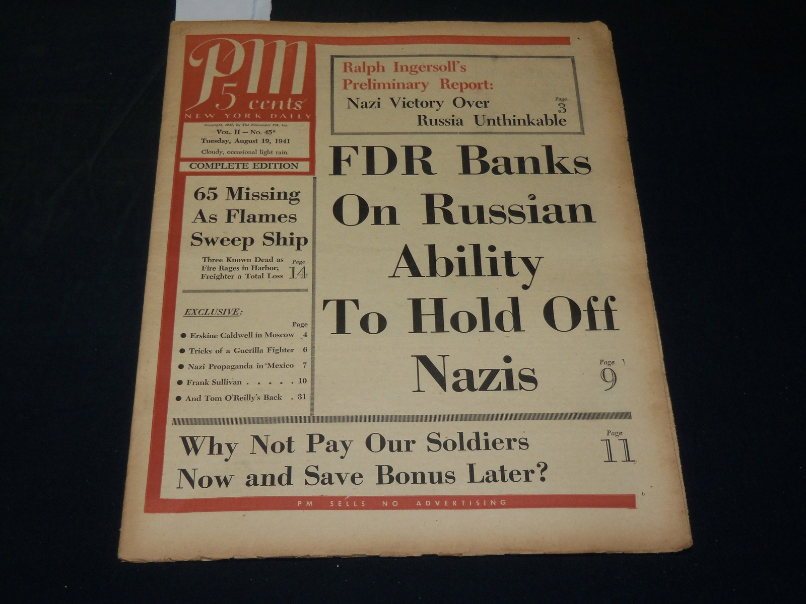 1941 AUGUST 19 PM\'S WEEKLY NEWSPAPER - FDR BANKS ON RUSSIA - NP 4933