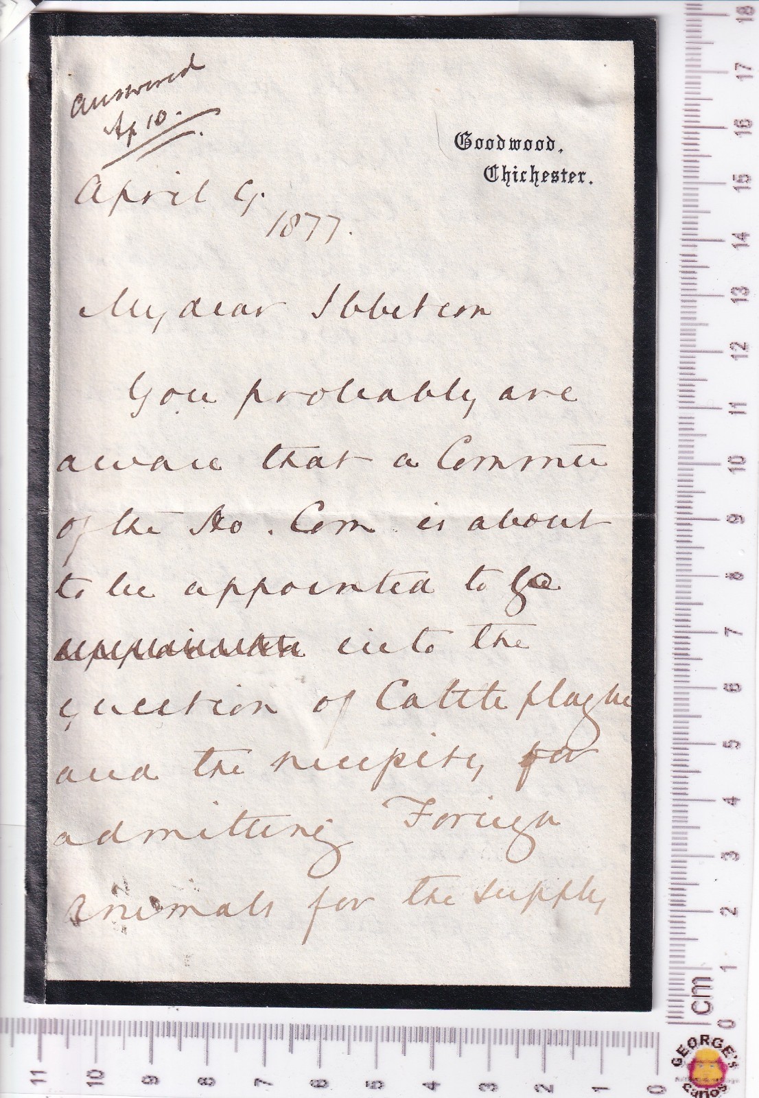 1877 Duke Richmond 4p ALS Letter Selwin‑Ibbetson - Cattle Plague Foreign Import