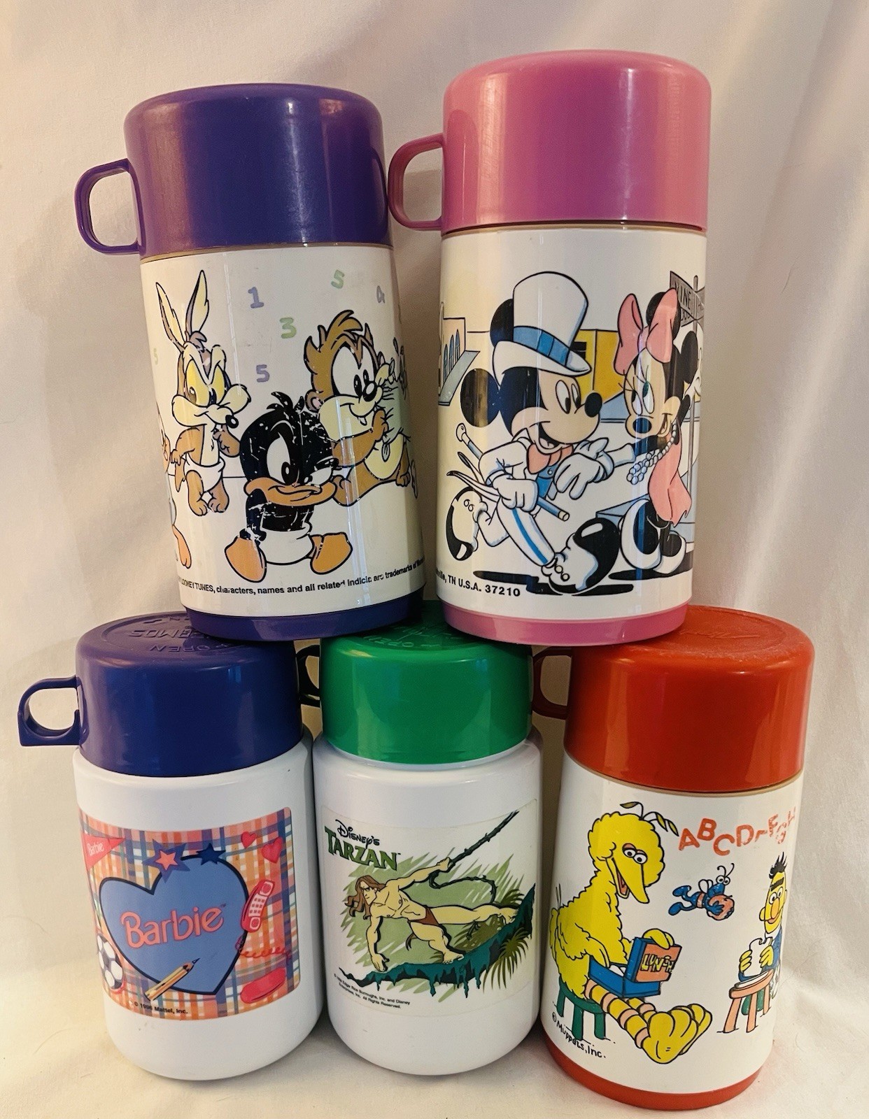 Vintage Aladdin Thermos Lot of 5 Barbie Tarzan Sesame Mickey Looney Tunes Retro