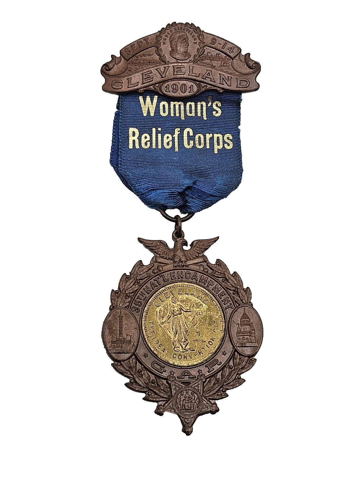 CIVIL WAR 1901 WOMAN\'S RELIEF CORPS RIBBON BADGE & MEDAL CLEVELAND OH 35TH NATL