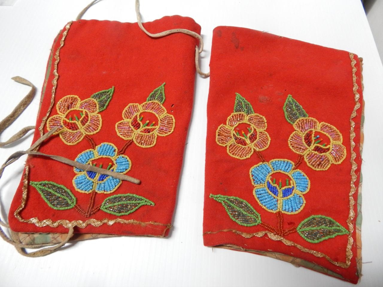 ANTIQUE RED STROUD CREE / METIS INDIAN LEGGINS BEADED BOTH SIDES - c1920s