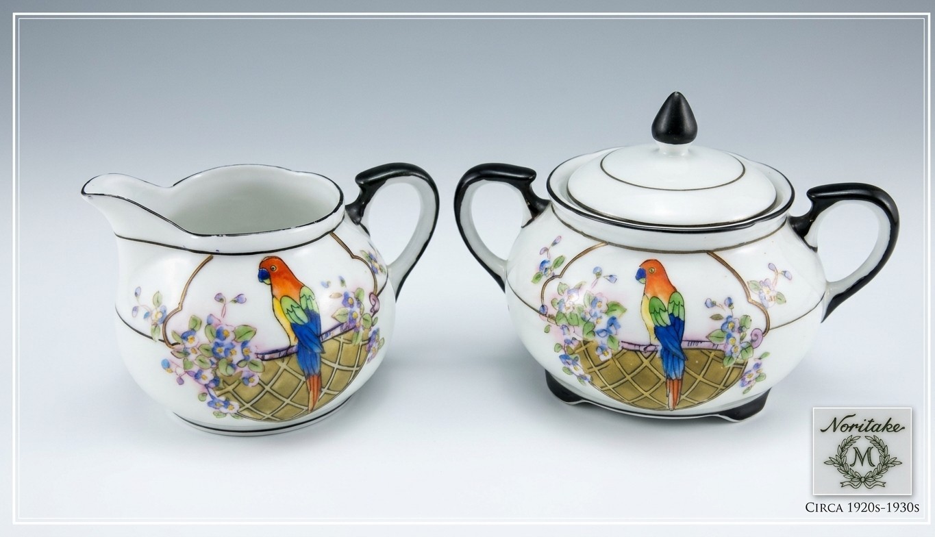 Vntg Noritake Hand Painted Parrot Creamer & Lidded Sugar Bowl Set 1920s Art Deco