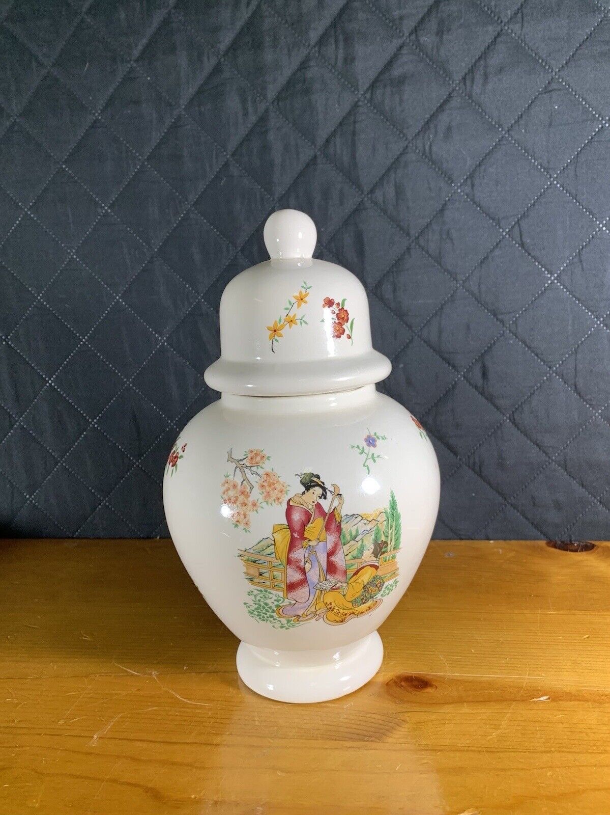 Vintage 12in Geisha Ginger Jar With Lid White Porcelain Floral Design Antique 