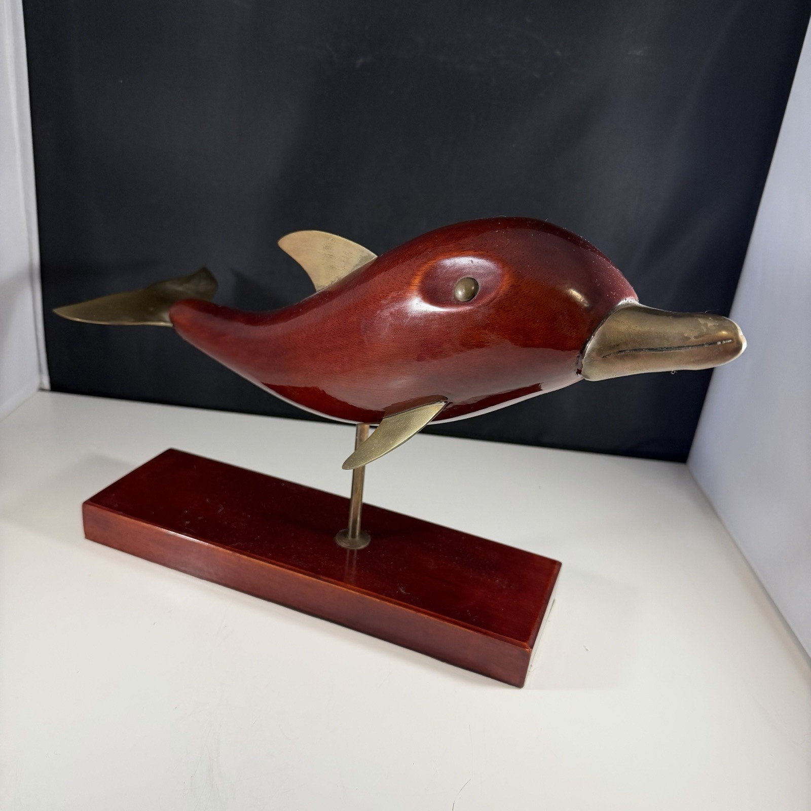 Vintage Mid Century Modern MCM Rosewood & Brass Dolphin On Pedestal