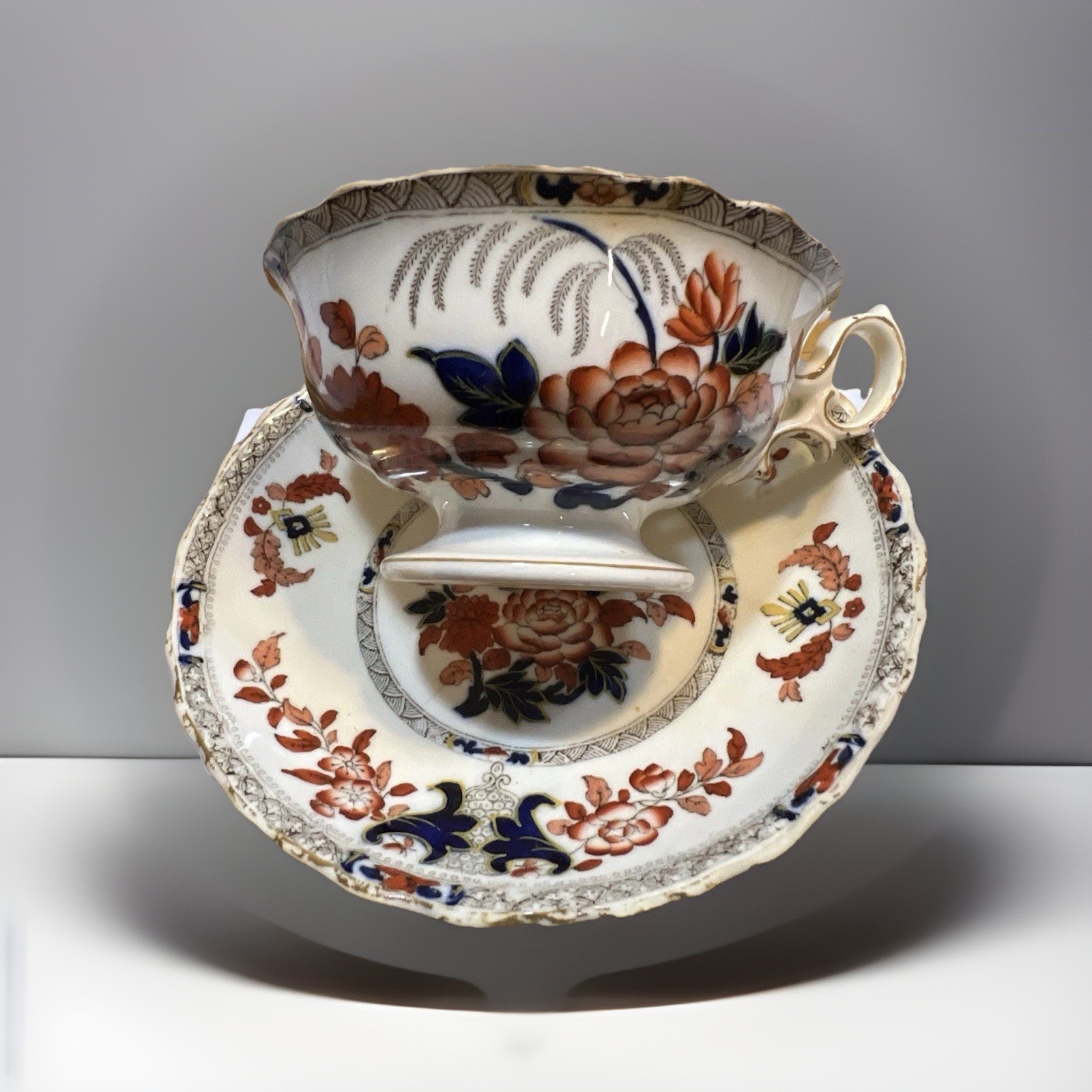 Vtg Mintons R Wylie Will Co Ironstone Tea Cup & Saucer Blue Ted Imari Gold Trim
