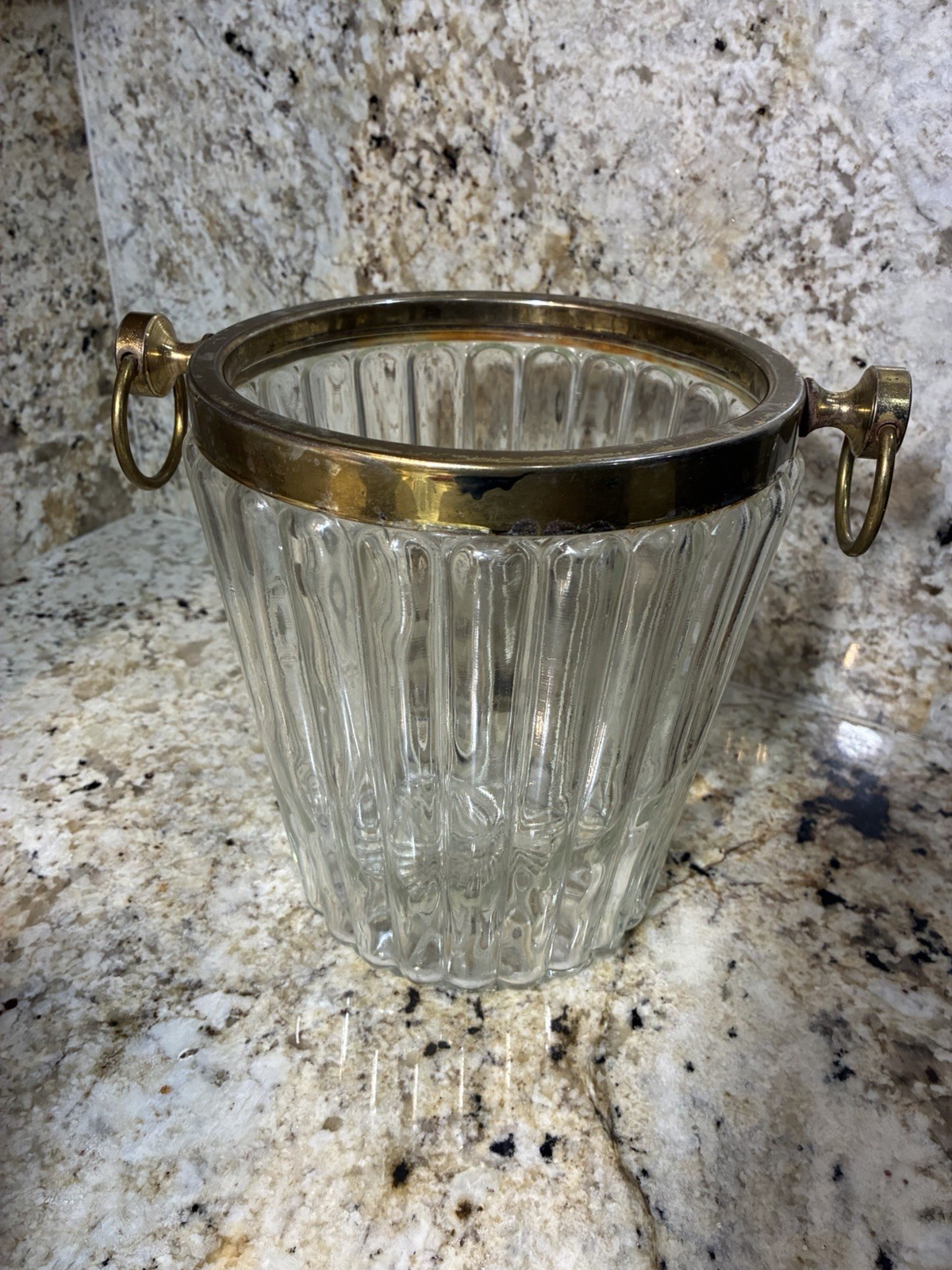 Vintage Ribbed Glass Champagne Wine Ice Bucket with Brass Handles Cooler Barware