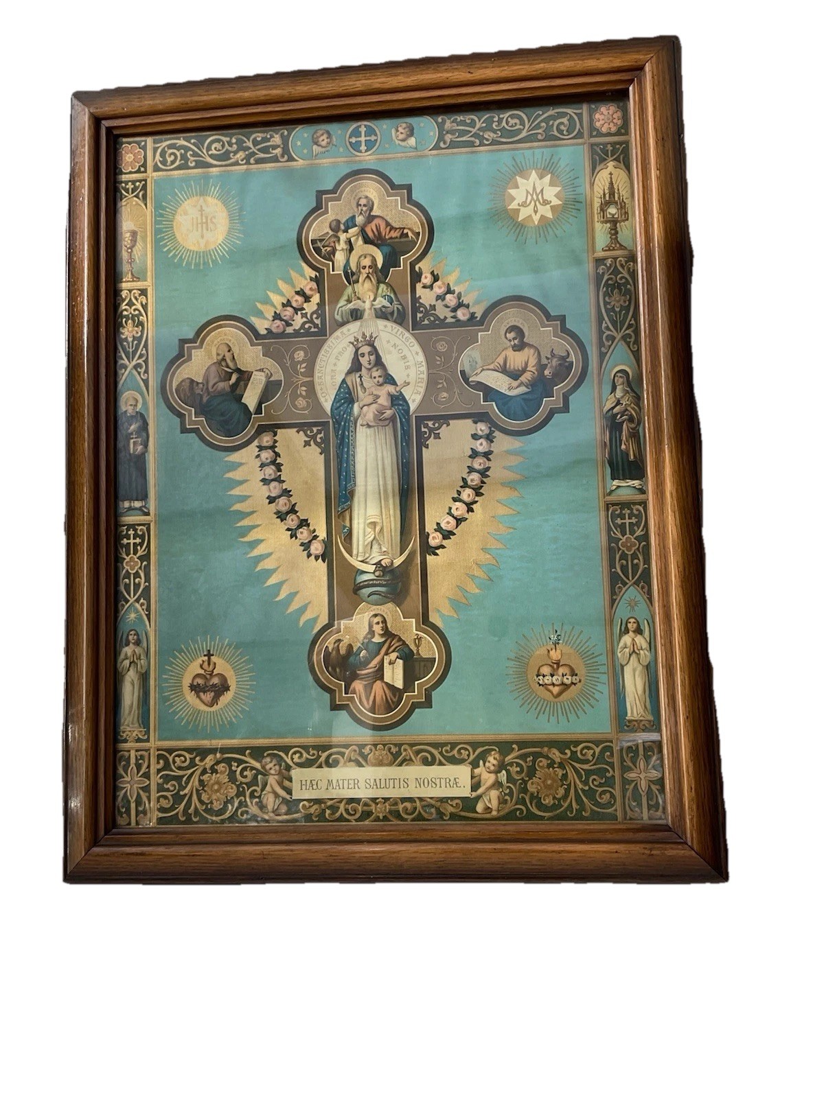 Antique Mother Mary Sacred Heart Solid Wood Frame Religious Wall Art 22 X 18