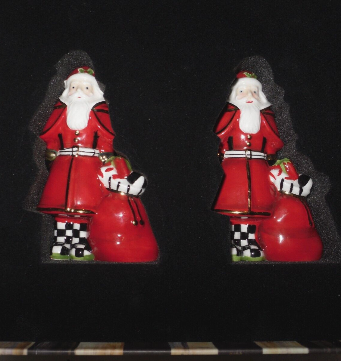 MacKenzie Childs Salt Pepper Shaker Mini Santa Gift Set Courtly Check Boots 4\