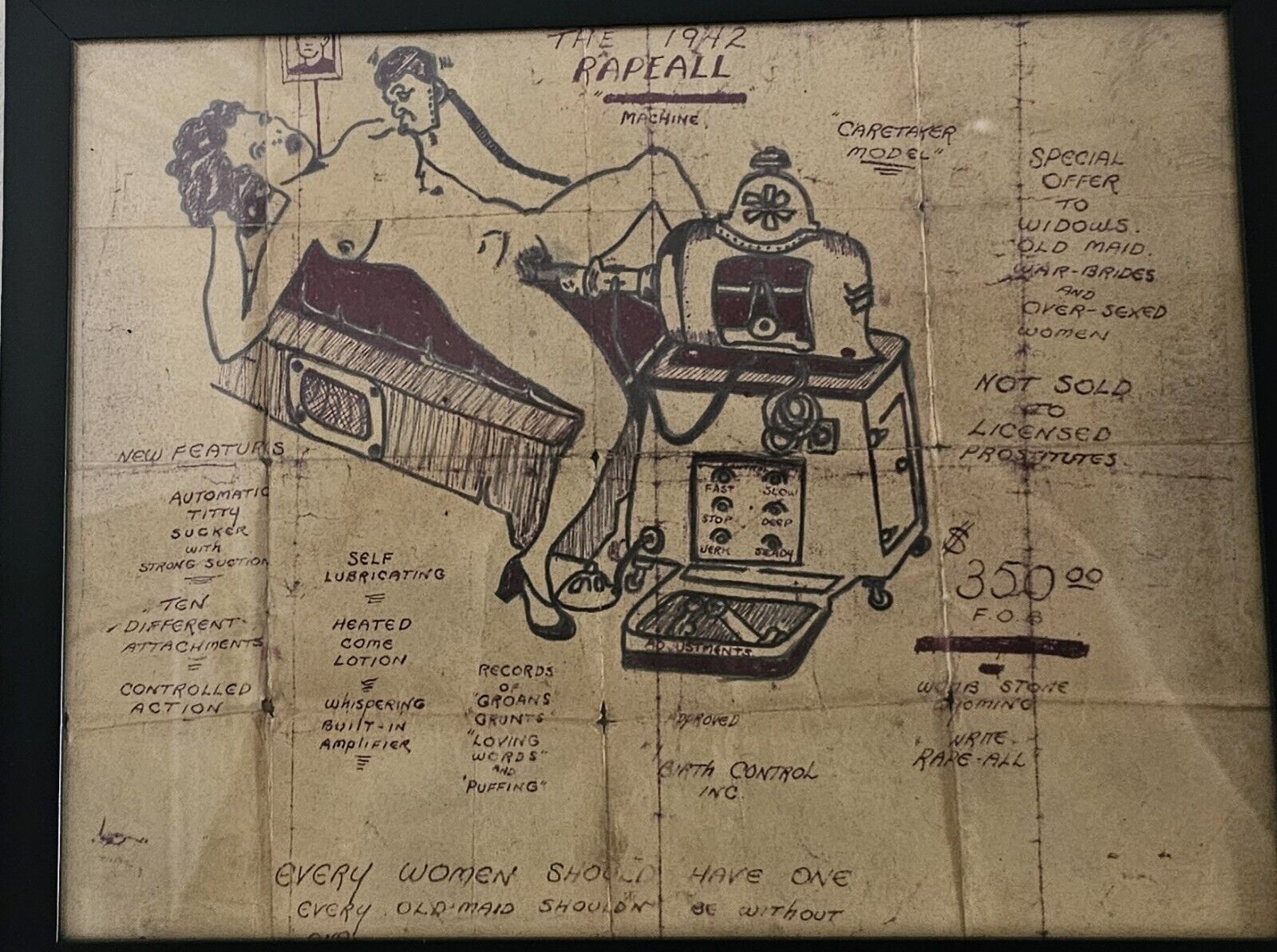 Vintage 1942 Sex Machine Blueprint Drawing 8x10