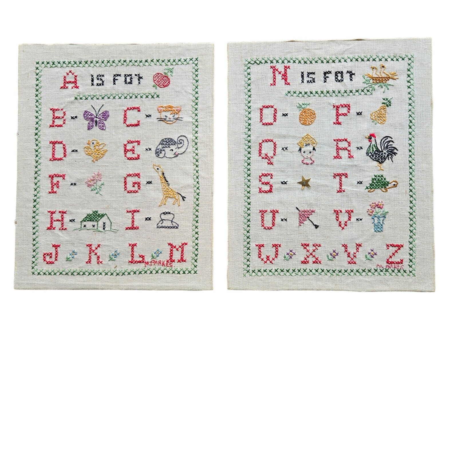 Alphabet Cross Stitch Signed Sampler A is for Apple Vintage Embroidery Wall Art