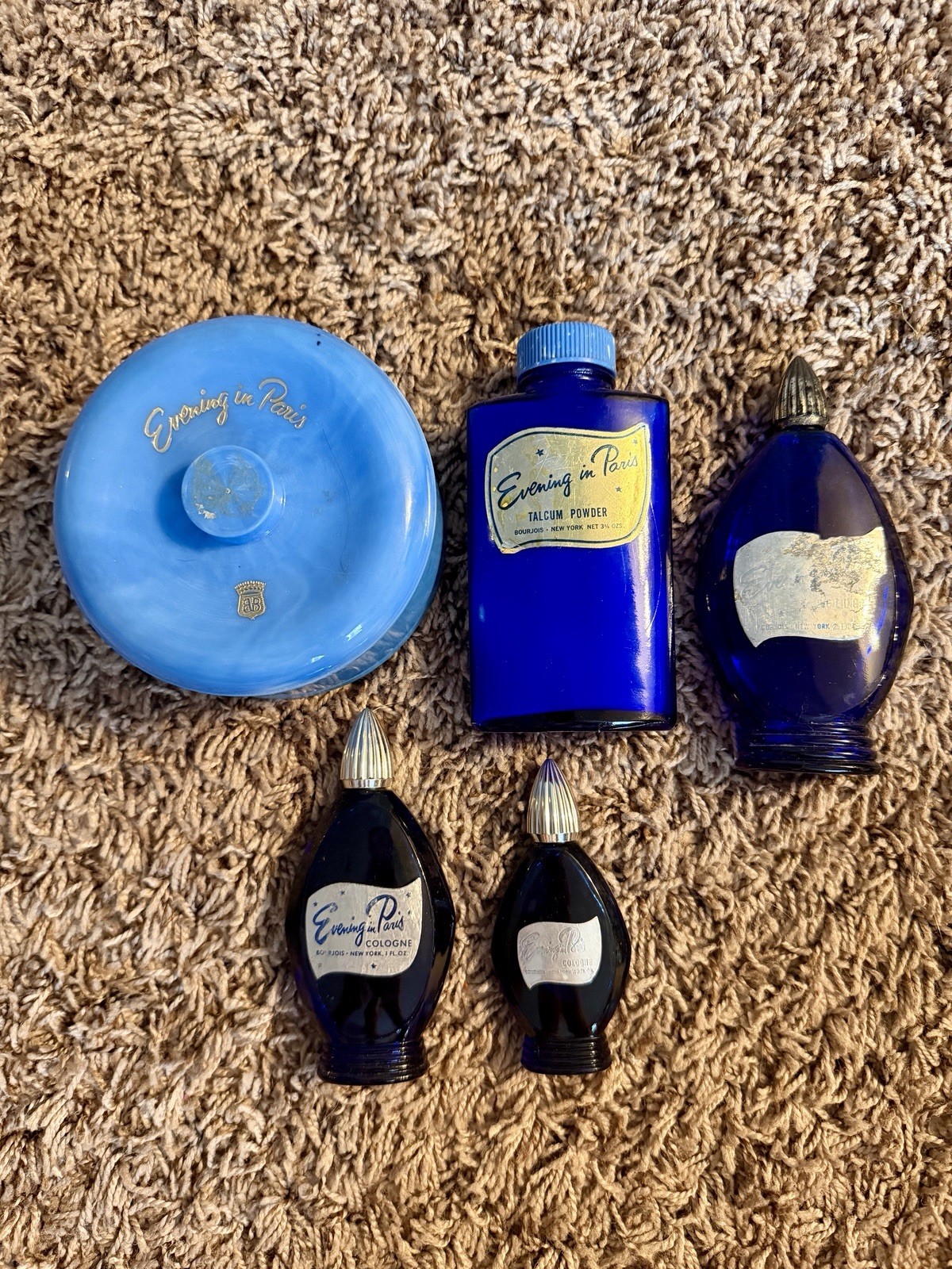 Lot of 5~Vintage EVENING IN PARIS Bourjois Cobalt Perfume Talcum Powder Bottles Lot of 5~Vintage EVENING IN PARIS Bourjois Cobalt Perfume Talcum Powder Bottles