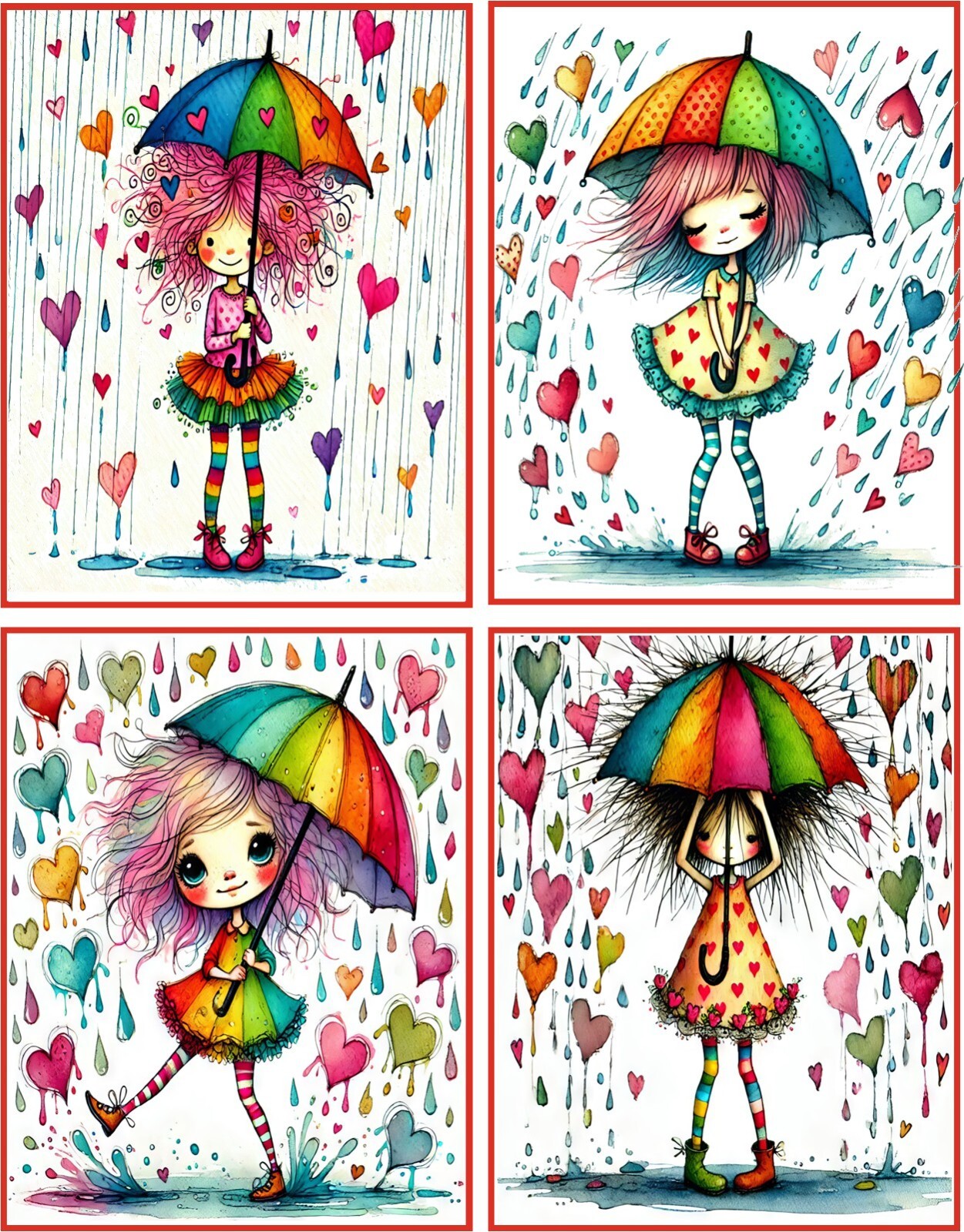 8 Quirky Girl hearts Valentine Cards Glossy Fold out blank card with envelopes