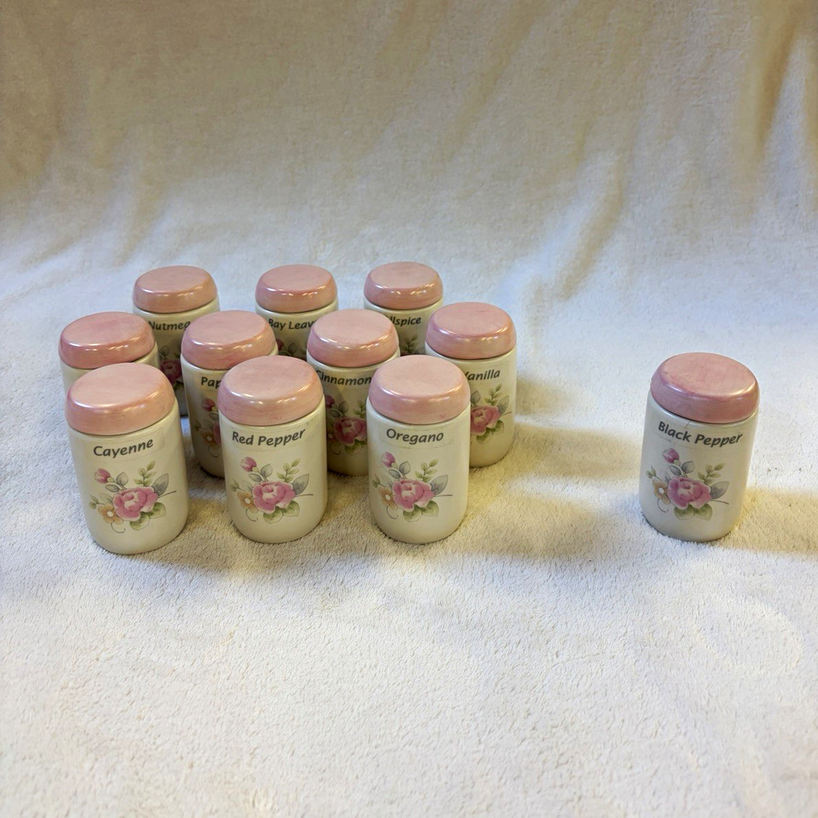 Pfaltzgraff Tea Rose Spice Jar Set of 10 (+ 1  Flawed one see photos) HTF