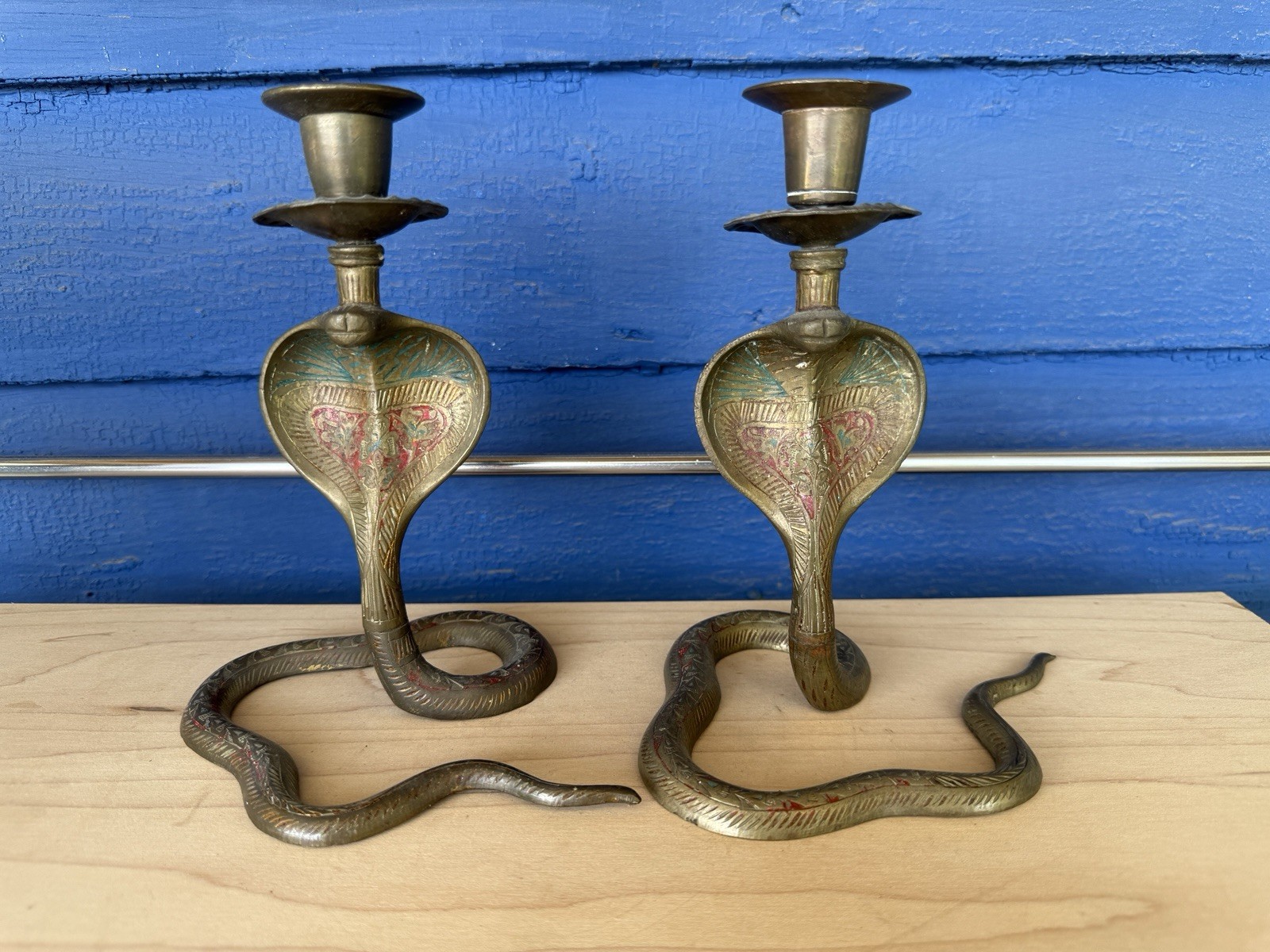 Vintage Pr of Moroccan Indian Brass Cobra Snake Etched Candlesticks 6 3/4