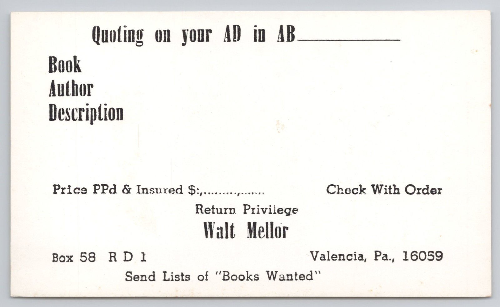 AB Bookman\'s Weekly Quoting Postcard Walt Mellor Valencia PA Trade Card