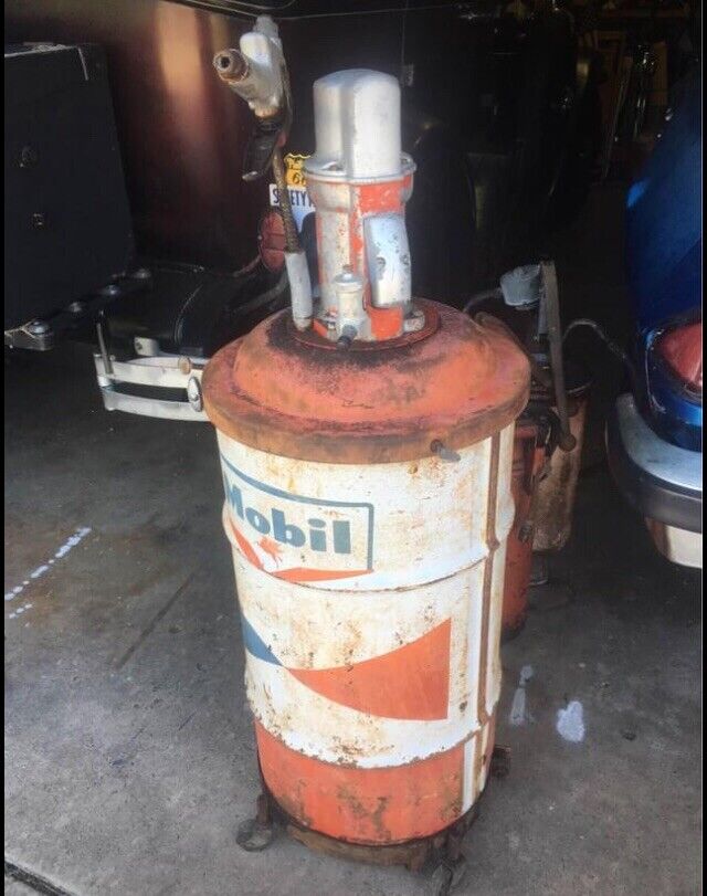 Vintage Gas Station Garage Mobil Oil Pegasus Grease Drum Alemite Jet Gun Wheels