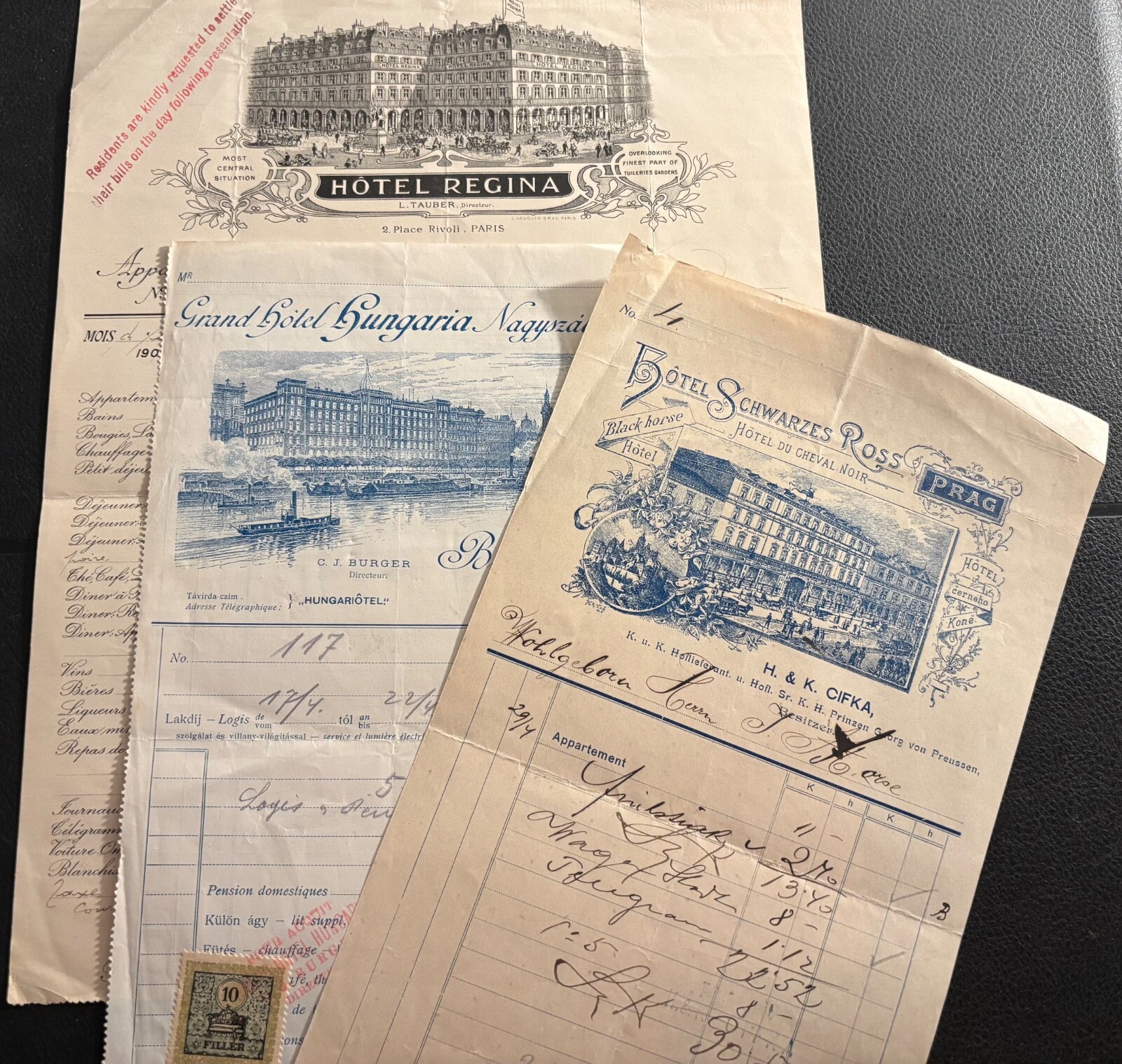 Lot 1904 Hotel Invoices Continental Europe Wonderful Graphics Revenue Stamps