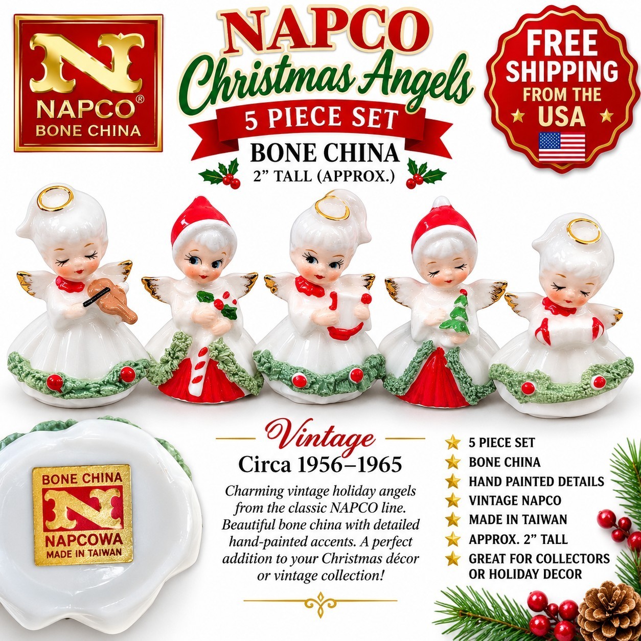 Vintage NAPCO 1957 Christmas Angels 5 Pc Bone China Figurines 2\
