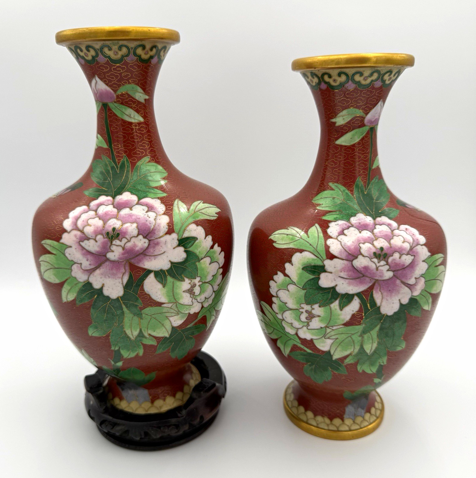 Pair of Vintage Jingfa Cloisonne Enamel Brass Flower Vases 