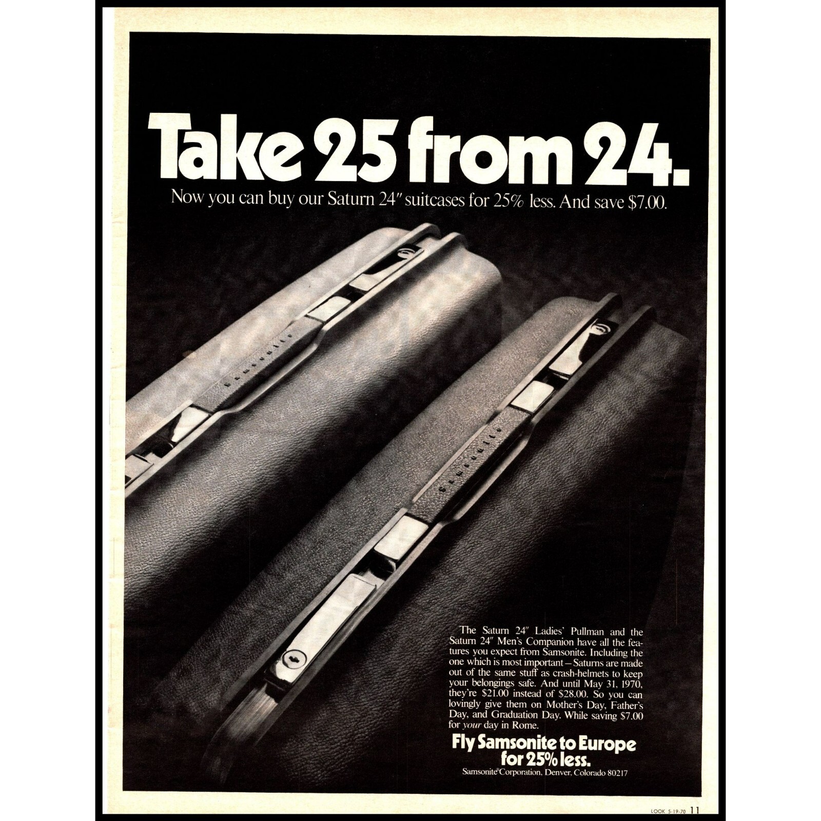 1970 Samsonite Luggage Saturn Suitcase Vintage Print Ad Hardside Travel Wall Art