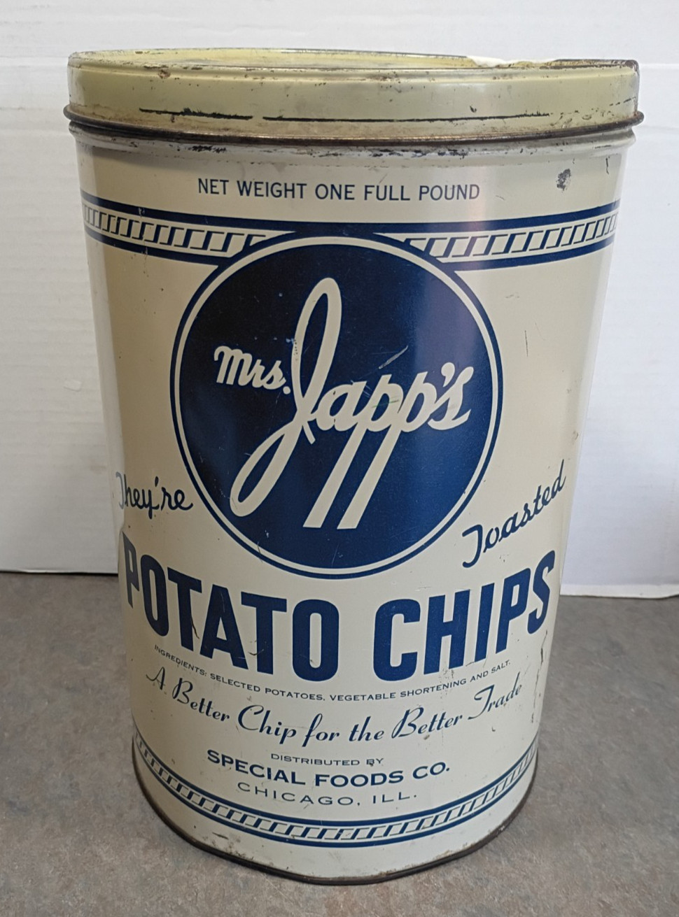 Potato chips vtg can advertising Mrs Japp Japp\'s rare Chicago Il 1940\'s 1 pound