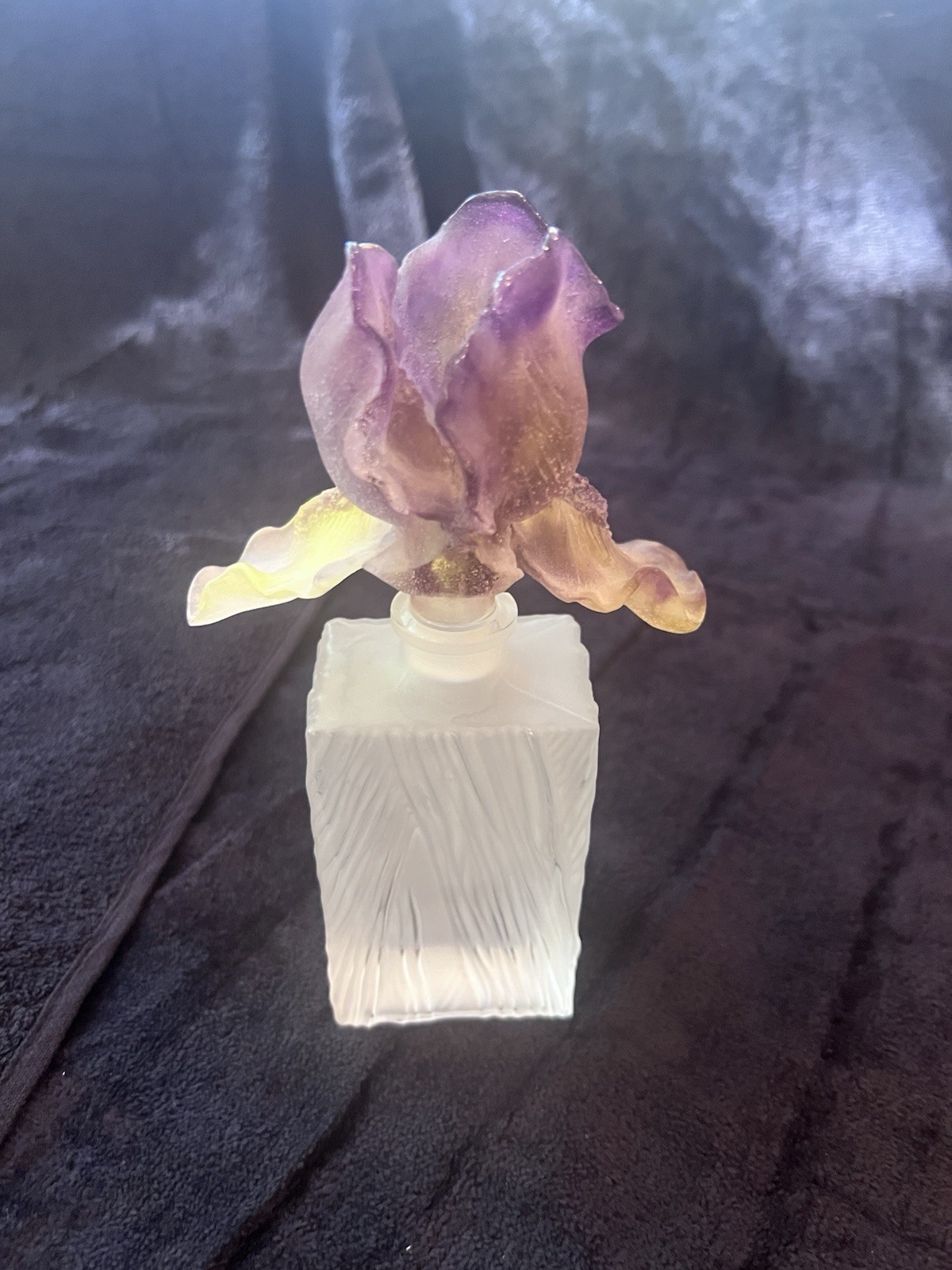 Daum France Iris Pate de Verre Crystal Perfume Bottle Purple Yellow Flower