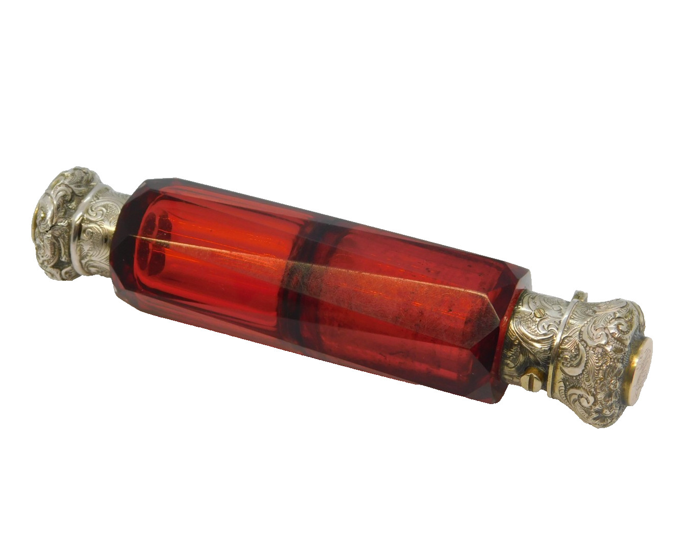 Victorian Sterling Silver & Gold Cranberry Glass Double-Ended Scent Bottle