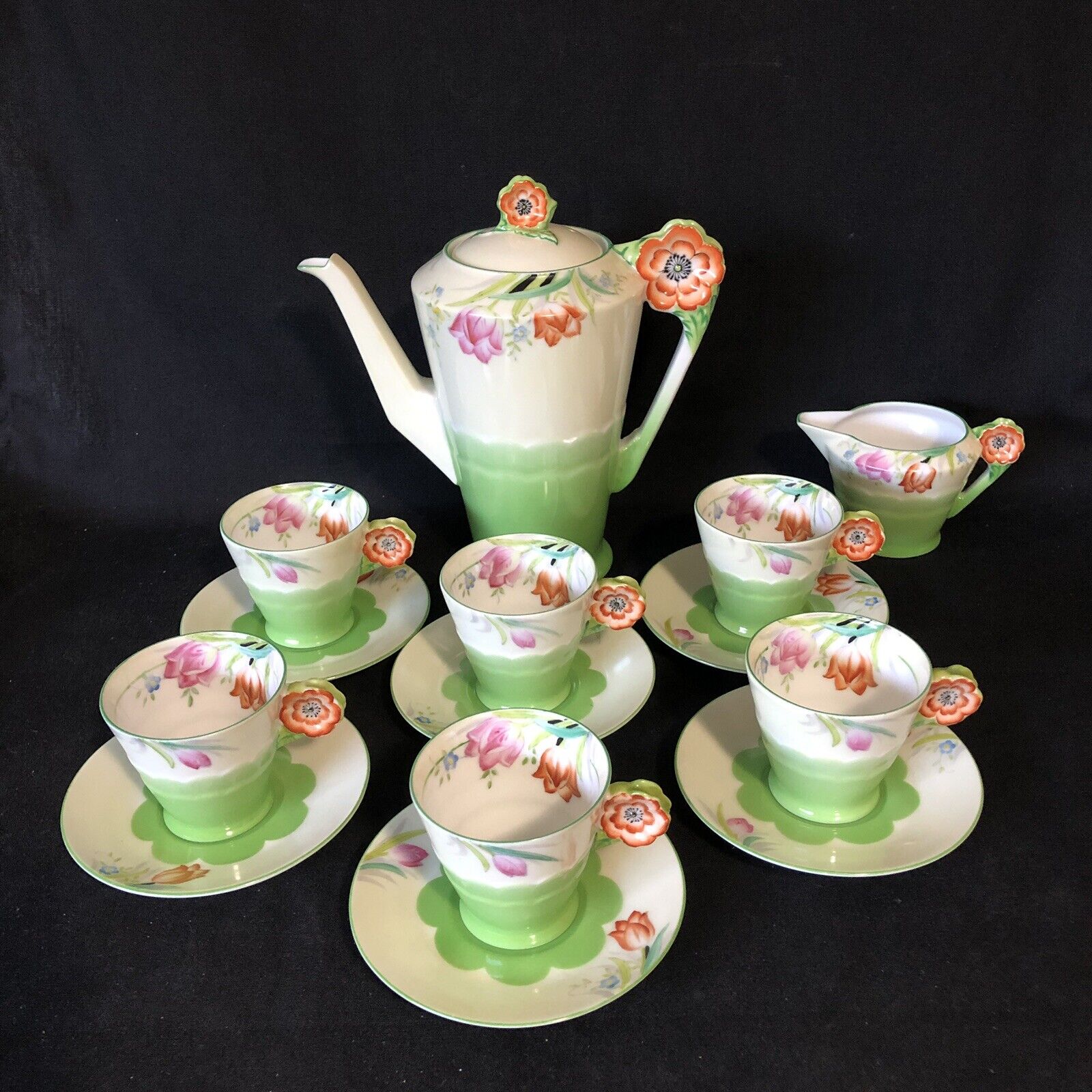 Rare Noritake Art Deco Hand Painted Coffee Pot Demitasse Cups Saucers Tea Set