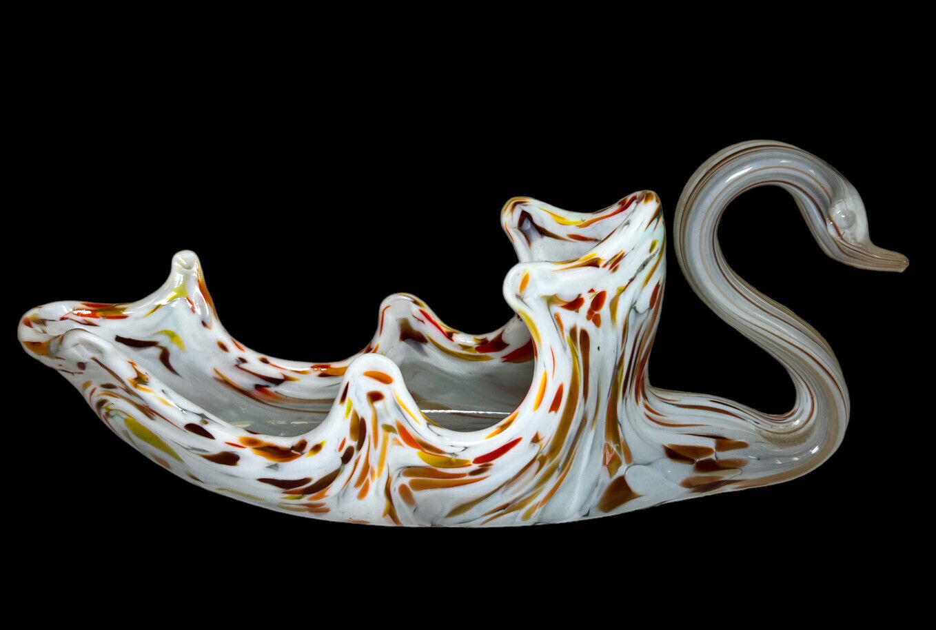 Vintage Swan Handblown Art Glass Multi Color White Swirl Dish 12”