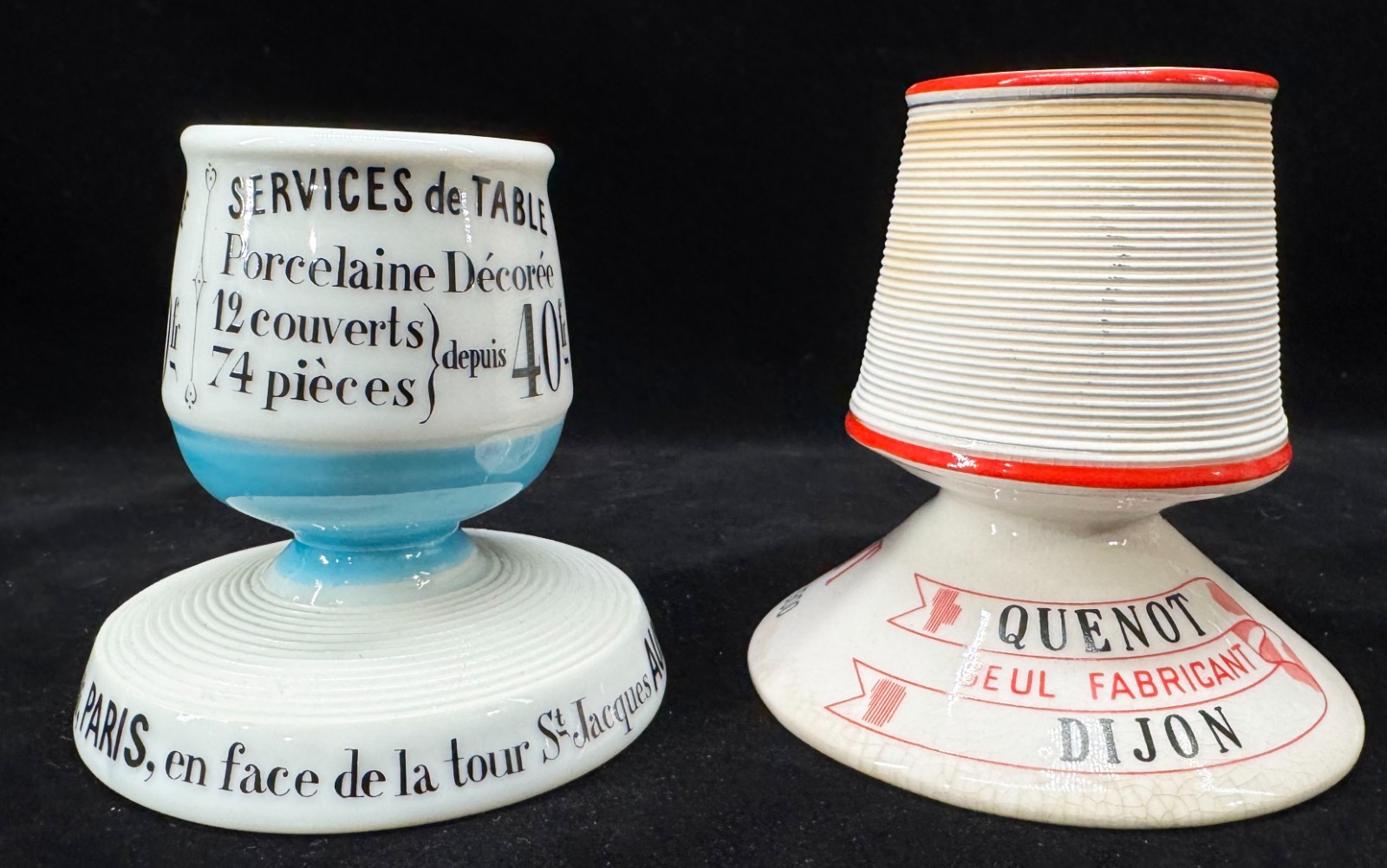 Pair Antique French Porcelain Paris Advertising Match Holders and Strikers