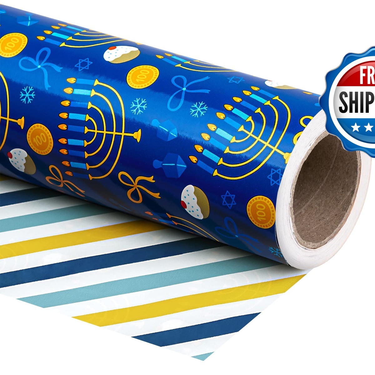 WRAPAHOLIC 30 Inch x 33 Feet Hanukkah Wrapping Paper Blue Gold White WRAPAHOLIC 30 Inch x 33 Feet Hanukkah Wrapping Paper Blue Gold White