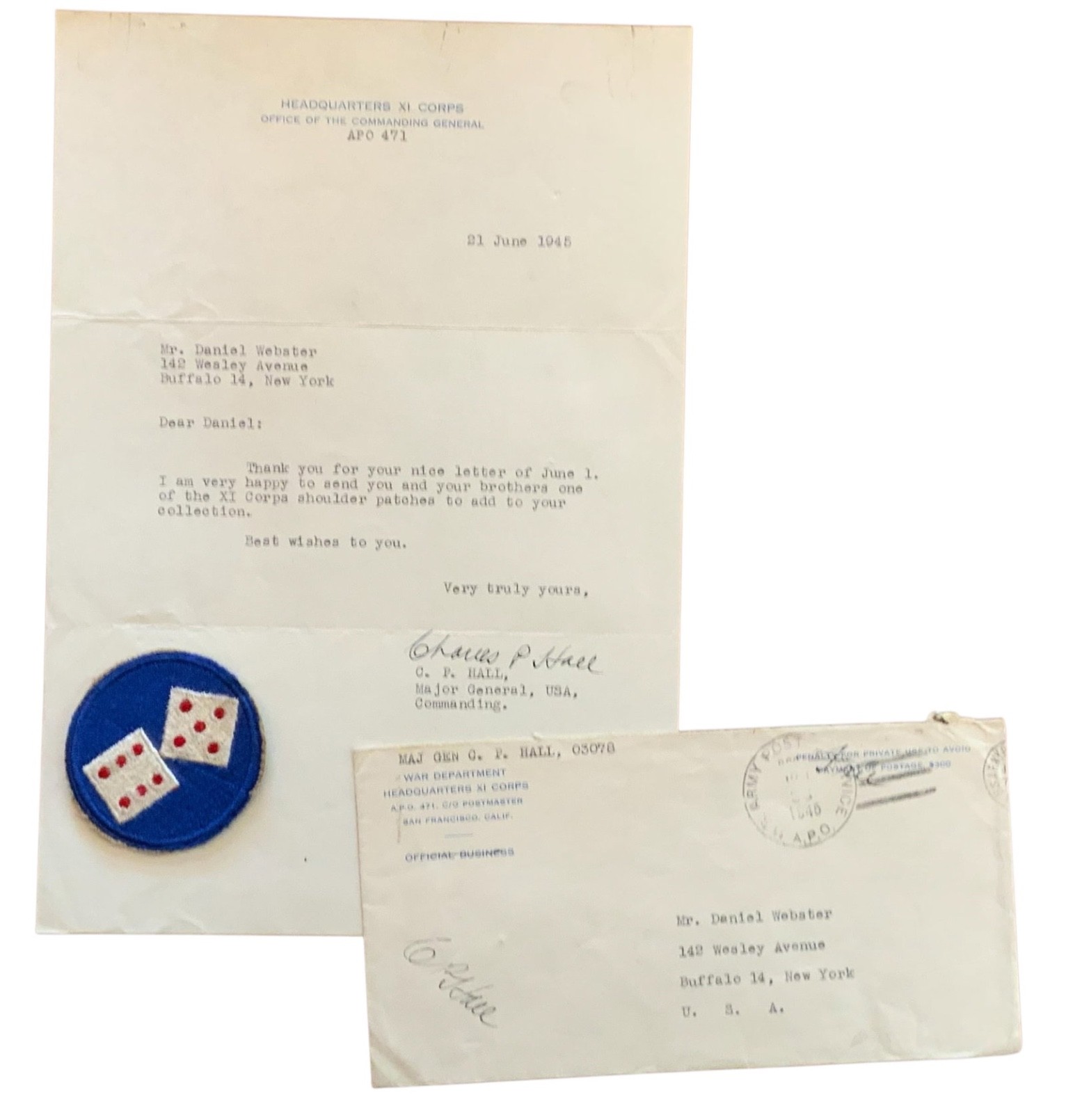 WWII 1945 Army XI Corps General Hall Signed Letter Censored Envelope & Patch
