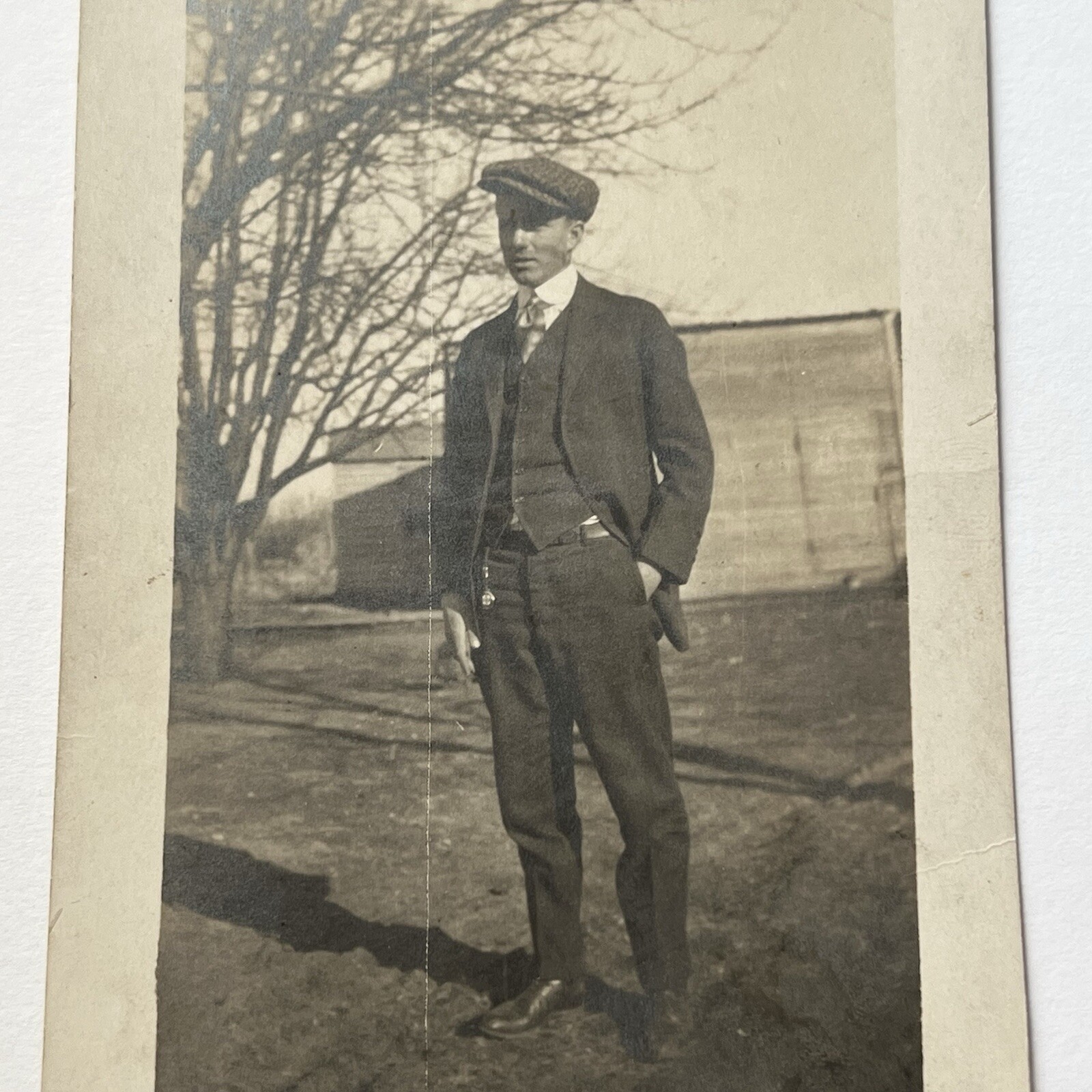 Antique RPPC Real Photograph Postcard Handsome Young Man Suit Vest Cap