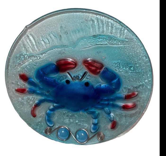 Nice Vintage Blue Glass Plate Crab And Beads 8” Pier One 