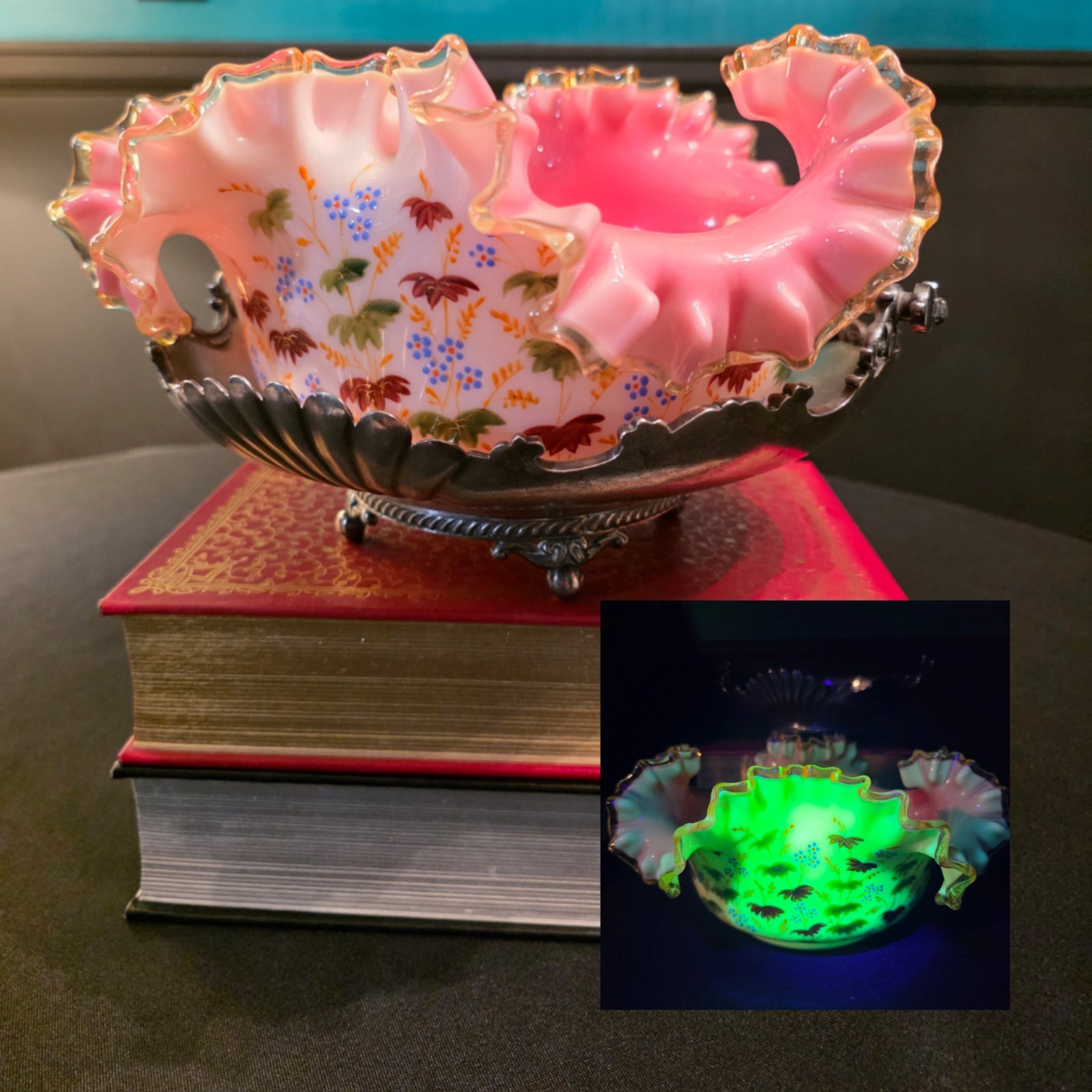 ​Victorian Harrach Bohemian Pink Ruffled Uranium Glass Brides Bowl Silver Plate